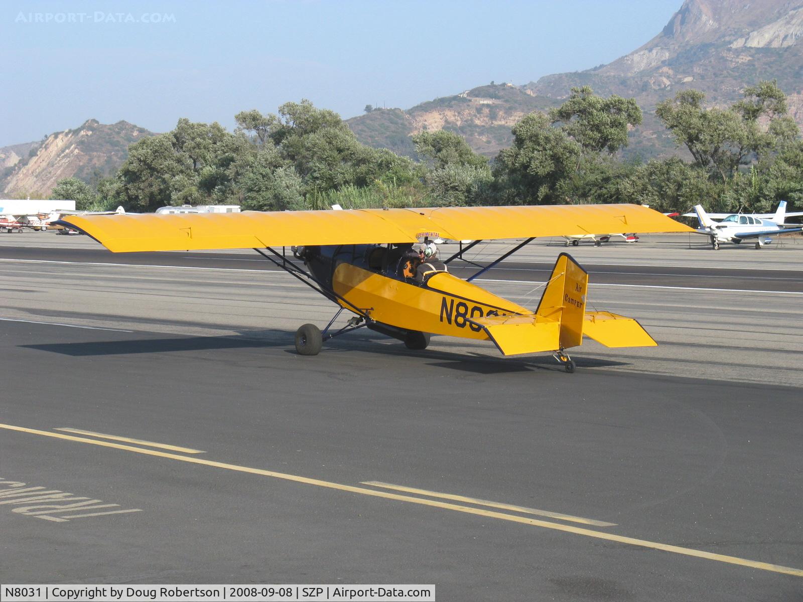 N8031, 1979 Pietenpol Air Camper C/N PHM1, 1979 Heglie PIETENPOL AIR CAMPER, Continenta A&C A65 65 Hp, no electrical system parasol wing early homebuilt design, two young pilots on a low and slow cross-country adventure arrived from SBP, departing SZP for APV and ??