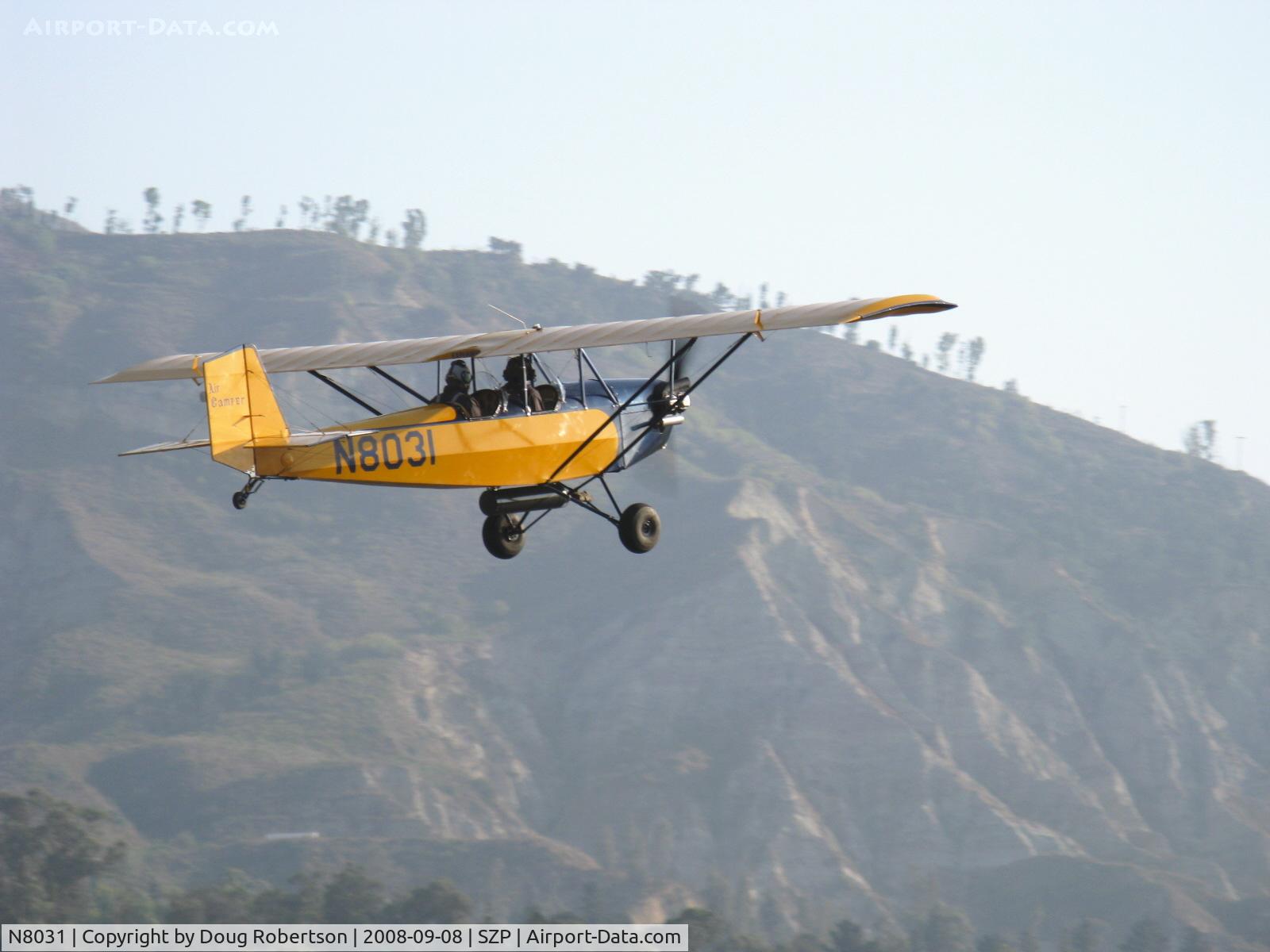 N8031, 1979 Pietenpol Air Camper C/N PHM1, 1979 Heglie PIETENPOL AIR CAMPER, Continenta A&C A65 65 Hp, no electrical system parasol wing early homebuilt design, takeoff climb departing Santa Paula SZP for Apple Valley APV, N8031 will cruise at 70-75 mph.