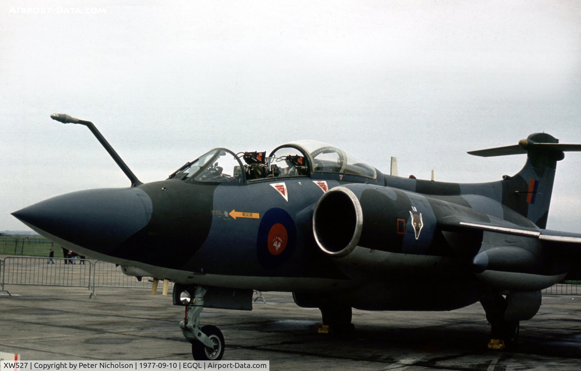 XW527, 1970 Hawker Siddeley Buccaneer S.2B C/N B3-03-69, Another view of the 12 Squadron Buccaneer S.2B in the static park at the 1977 RAF Leuchars Airshow.