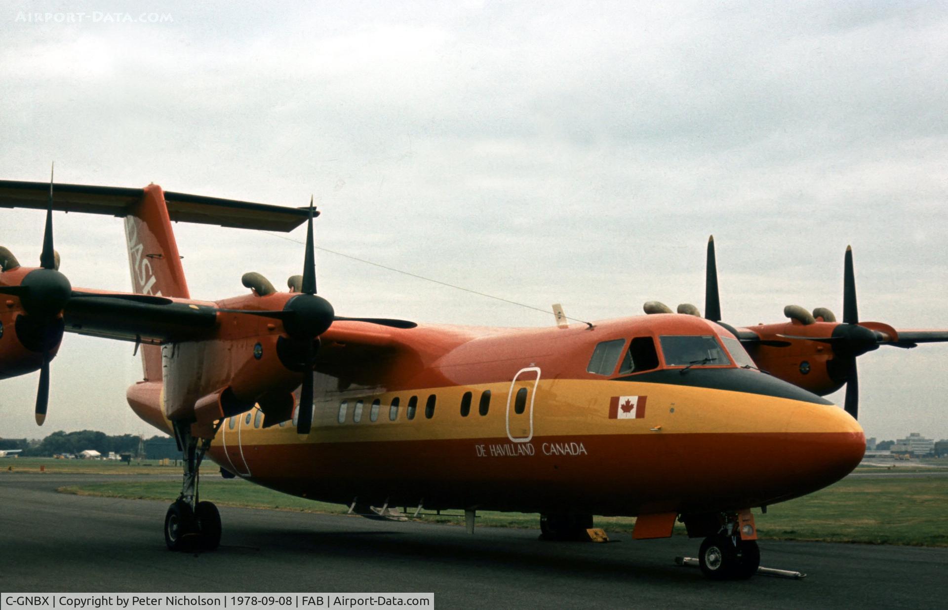C-GNBX, 1975 De Havilland Canada DHC-7-100 Dash 7 C/N 0001, Another view of the Dash Seven on display at the 1978 Farnborough Airshow.