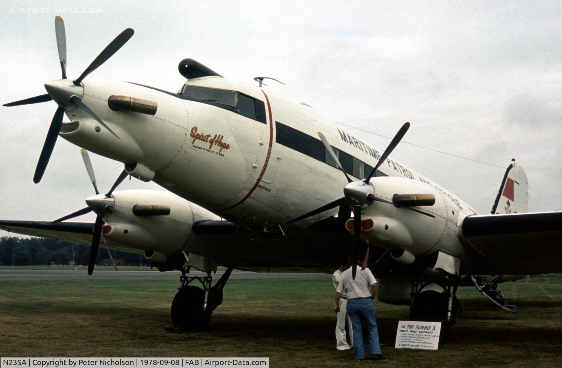 N23SA, 1942 Conroy (Douglas) Tri Turbo Three (DC-3A-S1C3G) C/N 4903, Another view of the Tri-Turbo Three at the 1978 Farnborough Airshow.