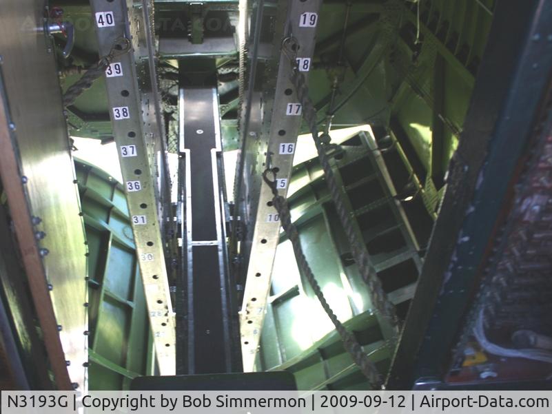 N3193G, 1944 Boeing B-17G Flying Fortress C/N 77255, Looking aft at bomb doors in transit at 2500' over western Ohio.