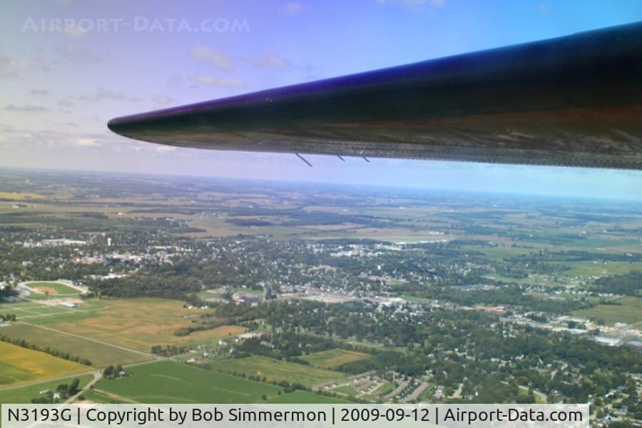 N3193G, 1944 Boeing B-17G Flying Fortress C/N 77255, Looking aft at the right horizontal stabilizer over Urbana, Ohio at 2500'.