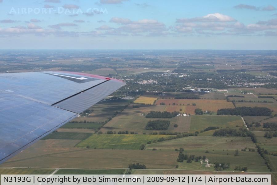 N3193G, 1944 Boeing B-17G Flying Fortress C/N 77255, Looking north from 2500' at Urbana, Ohio and the airport just beyond.
