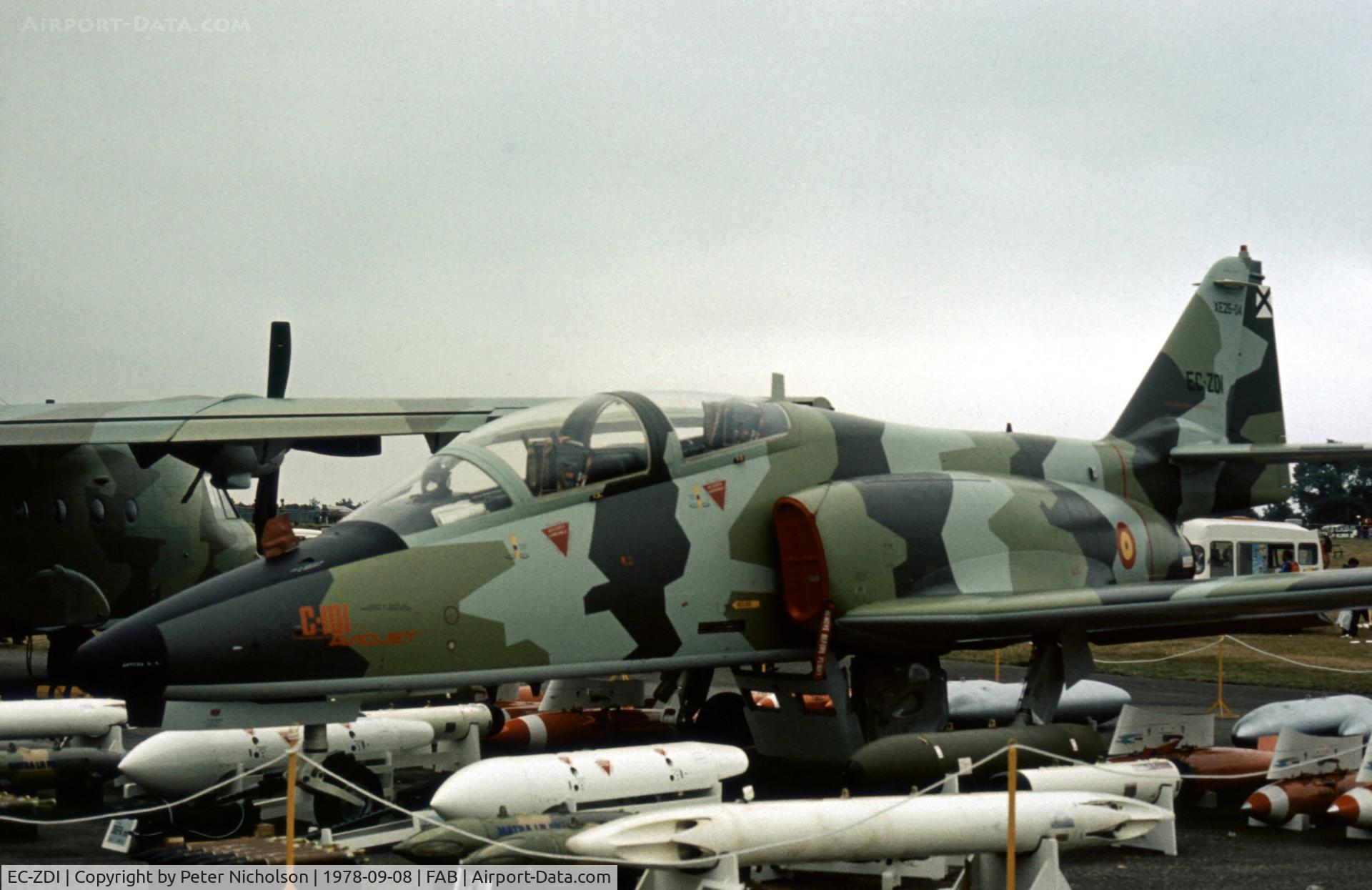 EC-ZDI, CASA C-101 Aviojet C/N P4, CASA Aviojet surrounded by sample weapon loads at the 1978 Farnborough Airshow.