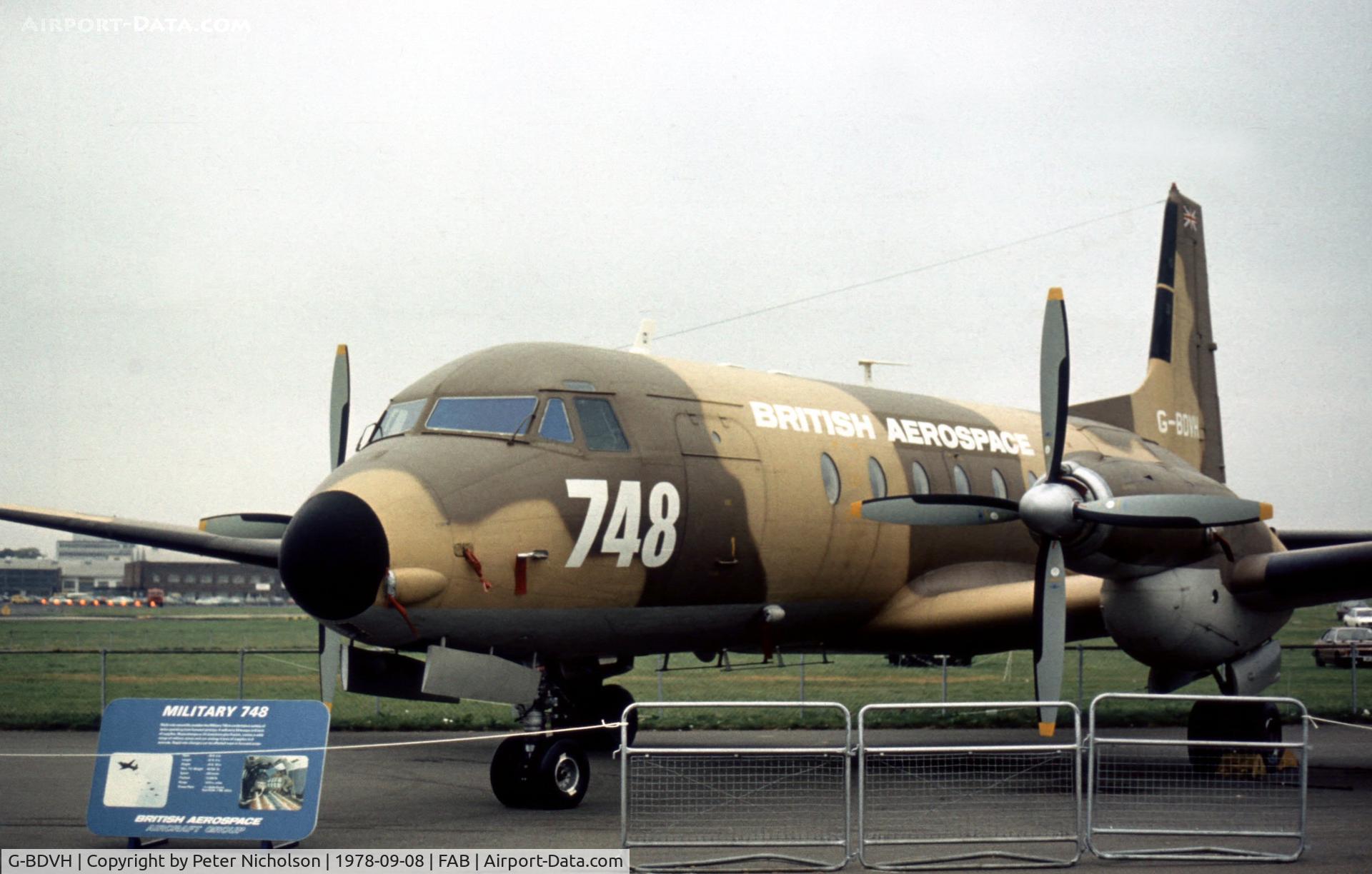 G-BDVH, 1976 Hawker Siddeley HS.748 Series 2A C/N 1746, British Aerospace displayed this Large Freight Door version of the HS.748 at the 1978 Farnborough Airshow.