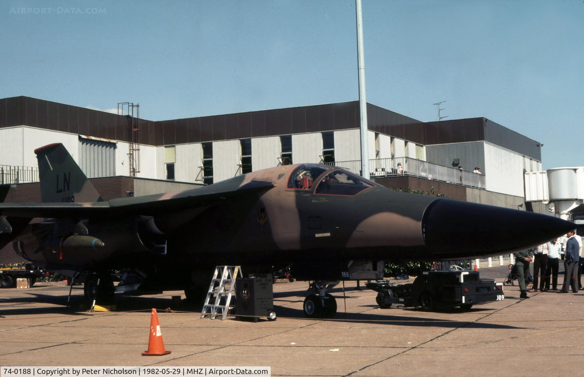 74-0188, 1974 General Dynamics F-111F Aardvark C/N E2-106, Another view of the 492nd Tactical Fighter Squadron's F-111F at the 1982 RAF Mildenhall Air Fete.