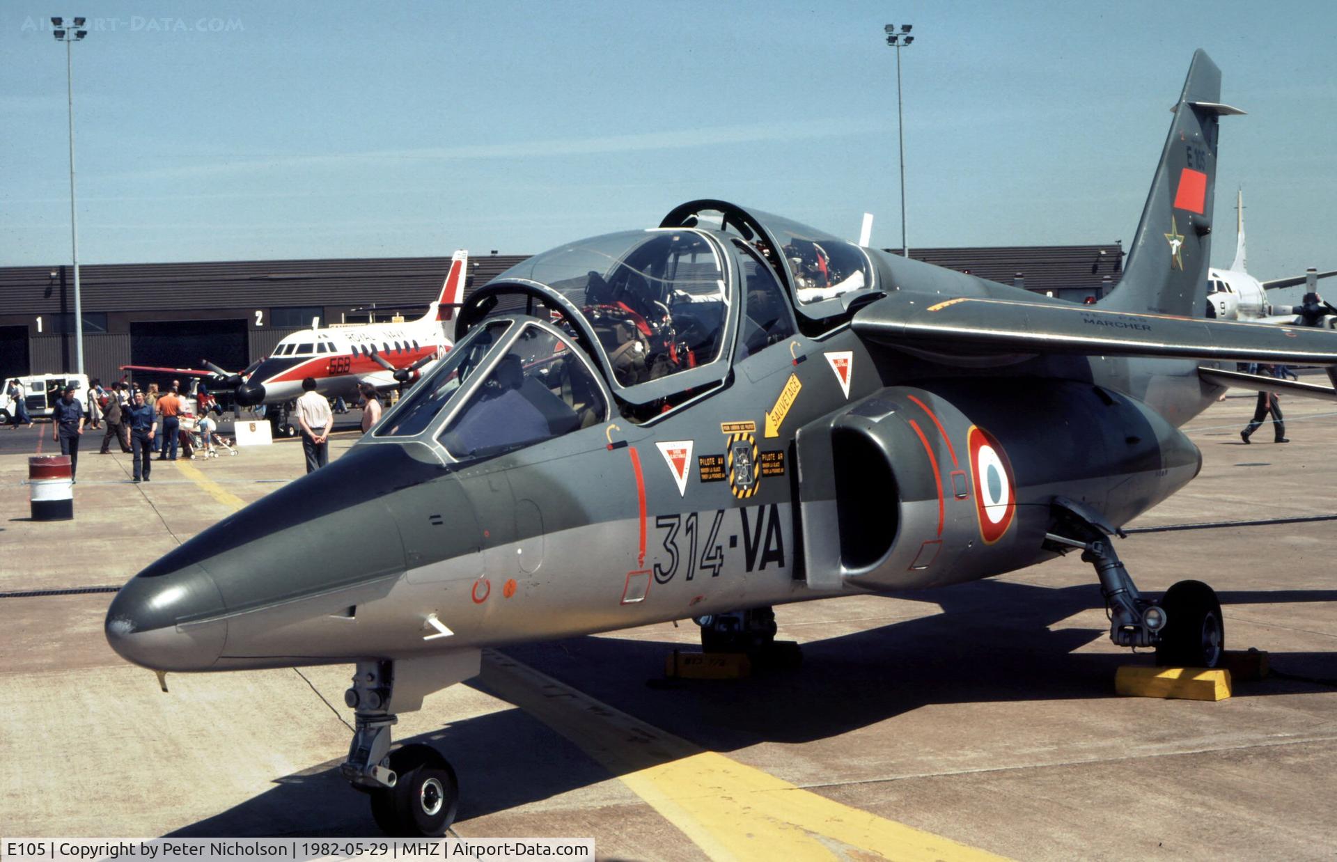 E105, Dassault-Dornier Alpha Jet E C/N E105, French Air Force Alpha Jet of ET-314 on display at the 1982 RAF Mildenhall Air Fete.