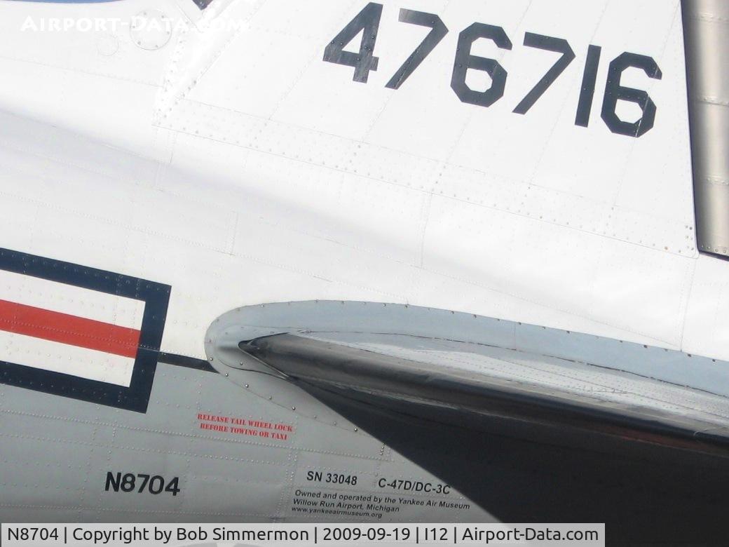 N8704, 1944 Douglas DC3C-S4C4G (TC-47B-30-DK) C/N 33048, Tail detail.  On the ramp at Sidney, Ohio during the EAA fly-in