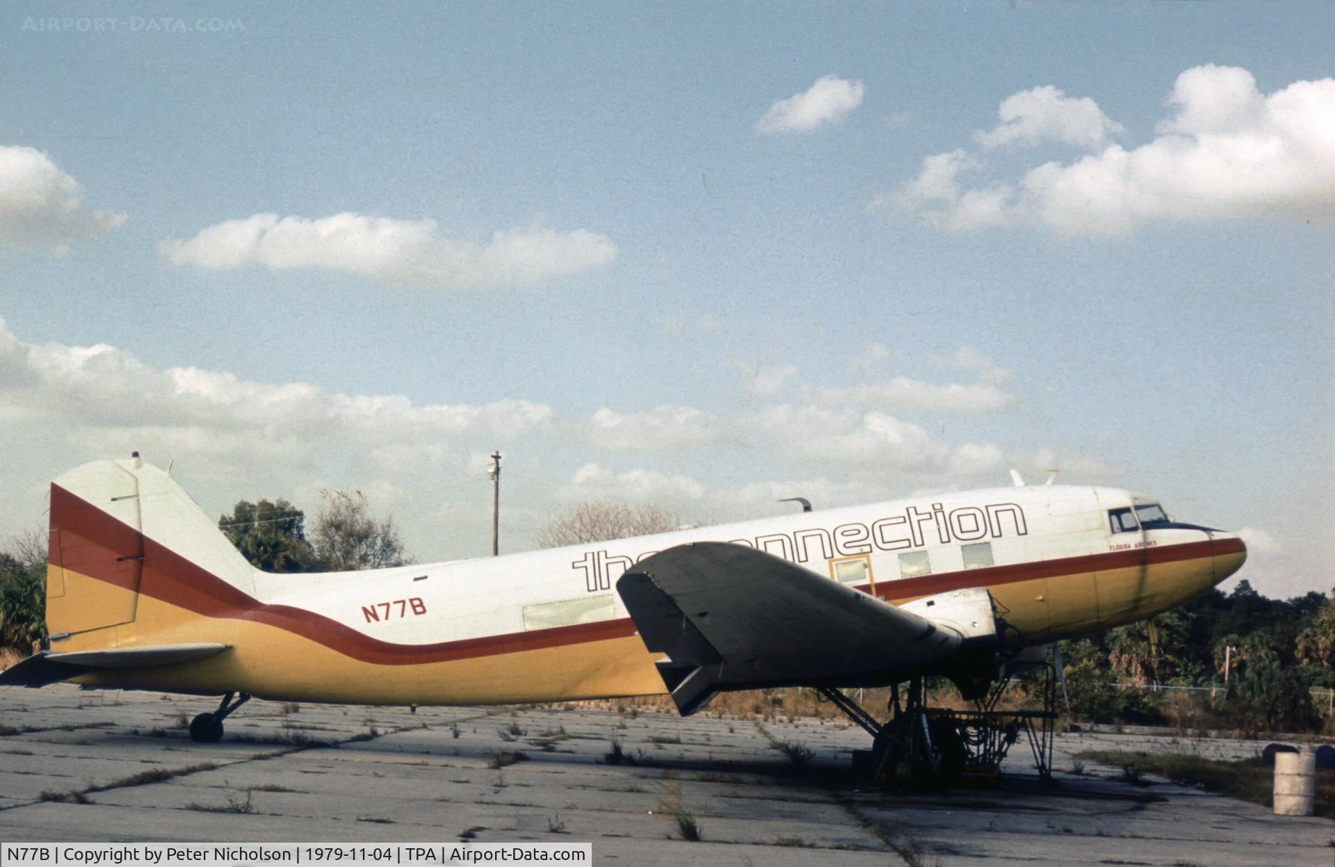 N77B, 1944 Douglas DC-3 C/N 20433, C-47A of Florida Airlines seen at Tampa in November 1979.