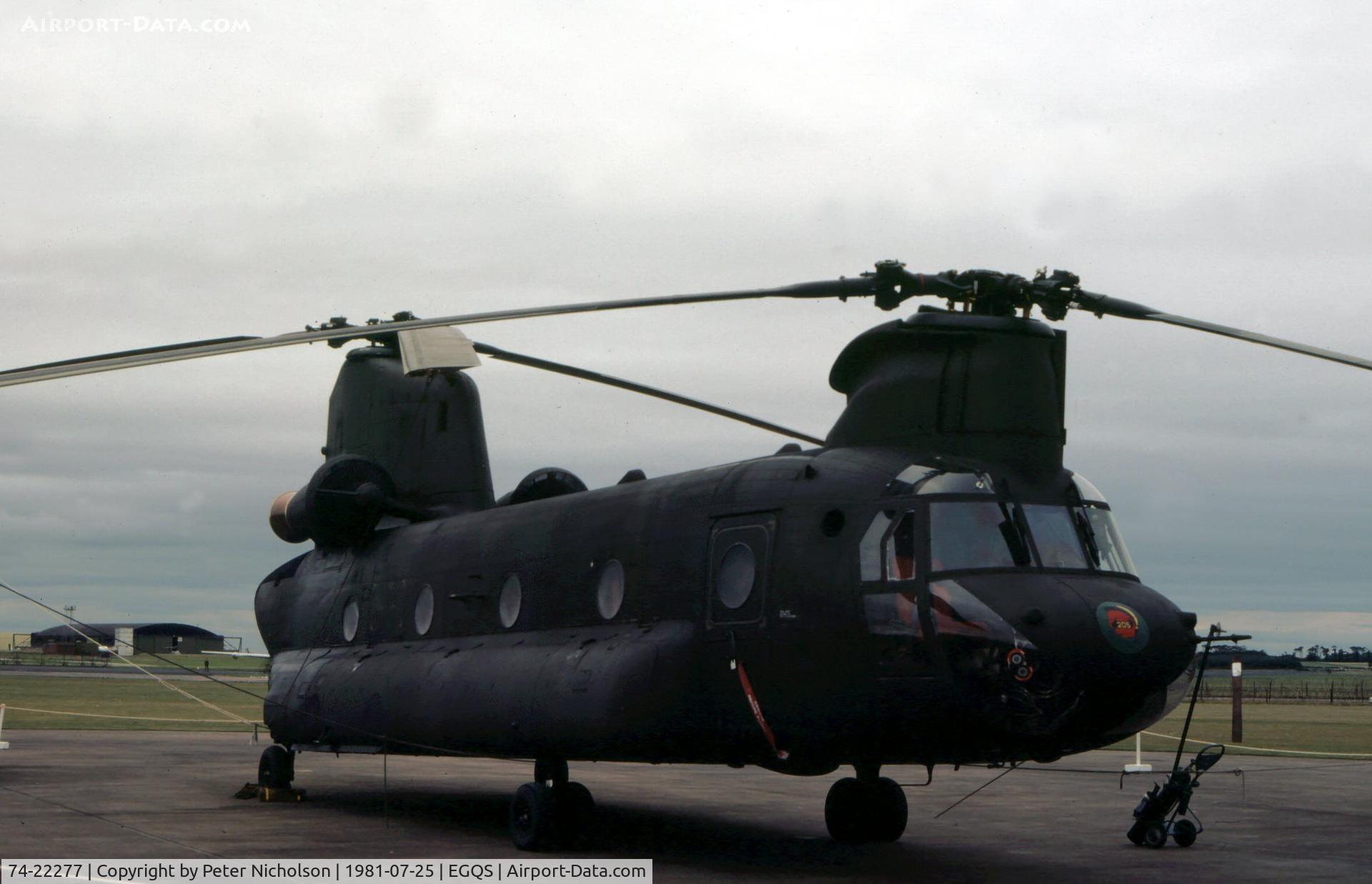 74-22277, 1974 Boeing Vertol CH-47C Chinook C/N B.696, CH-47C Chinook of 205th Aviation Company from Finthen Army Airfield near Mainz on display at the 1981 RAF Lossiemouth Airshow.