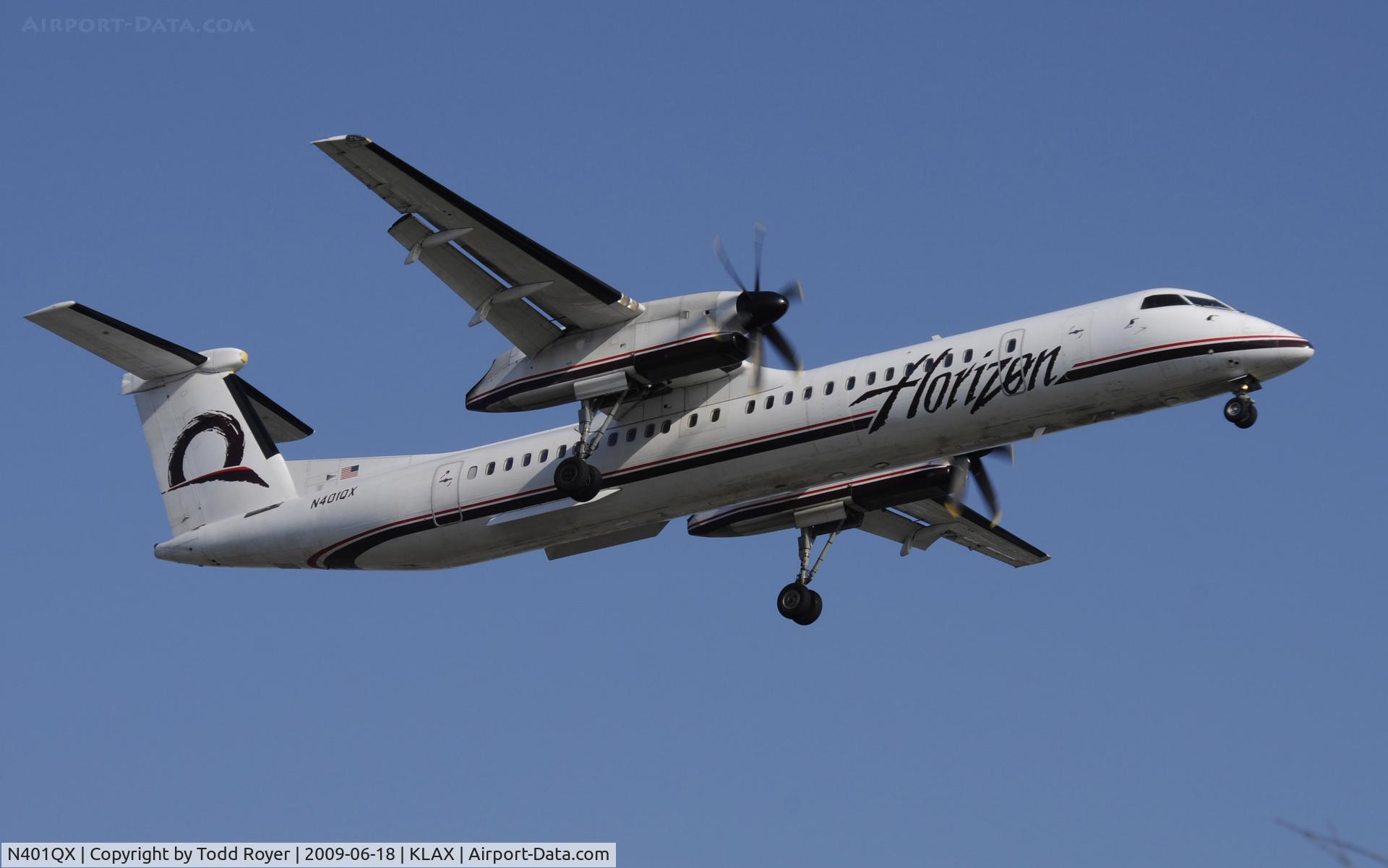 N401QX, 2001 De Havilland Canada DHC-8-402 Dash 8 C/N 4031, Landing 24R at LAX