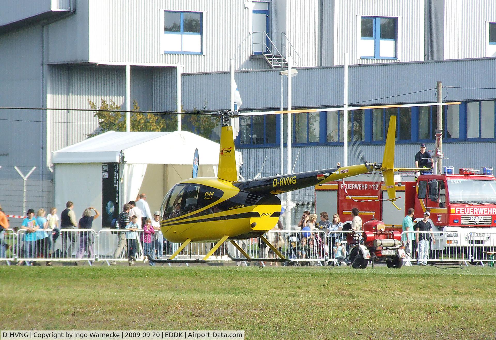 D-HVNG, 2011 Robinson R44 Raven II C/N 13905, Robinson R44 Raven I of Air Lloyd at the DLR 2009 air and space day on the side of Cologne airport