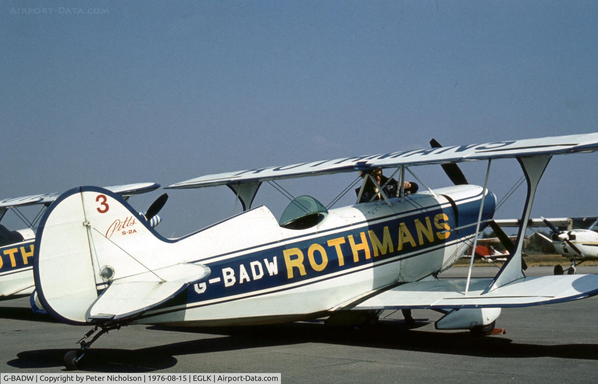 G-BADW, 1972 Aerotek Pitts S-2A Special C/N 2035, Pitts S-2A of the Rothmans Aerobatic Display Team which attended the 1976 Blackbushe Fly-In.