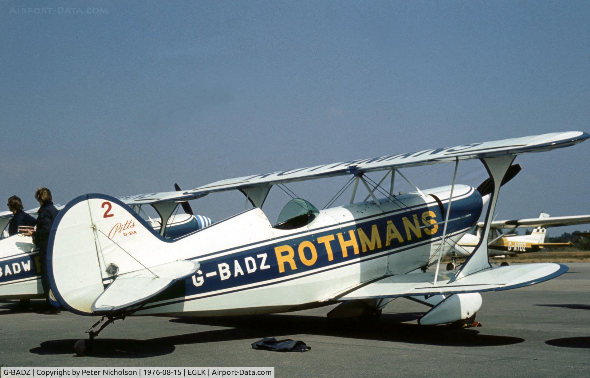 G-BADZ, 1972 Aerotek Pitts S-2A Special C/N 2038, Pitts S-2A of the Rothmans Aerobatic Display Team at the 1976 Blackbushe Fly-In.