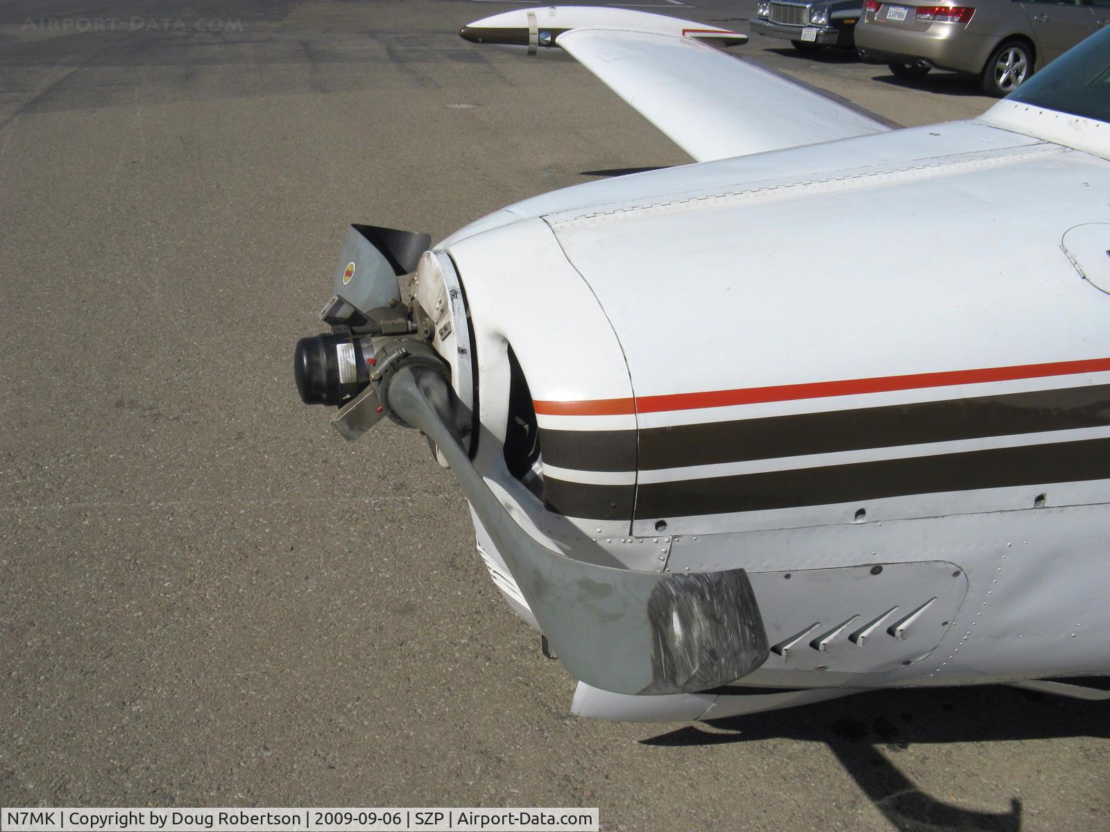 N7MK, 1951 Beech C35 Bonanza C/N D-3033, 1951 Beech C35 BONANZA, Continental E225 upgrade, 225 Hp for one minute @2,450 rpm, (c/n puts this as a 1952 build), prop bent back shows no power developed when landed gear not fully down, closeup