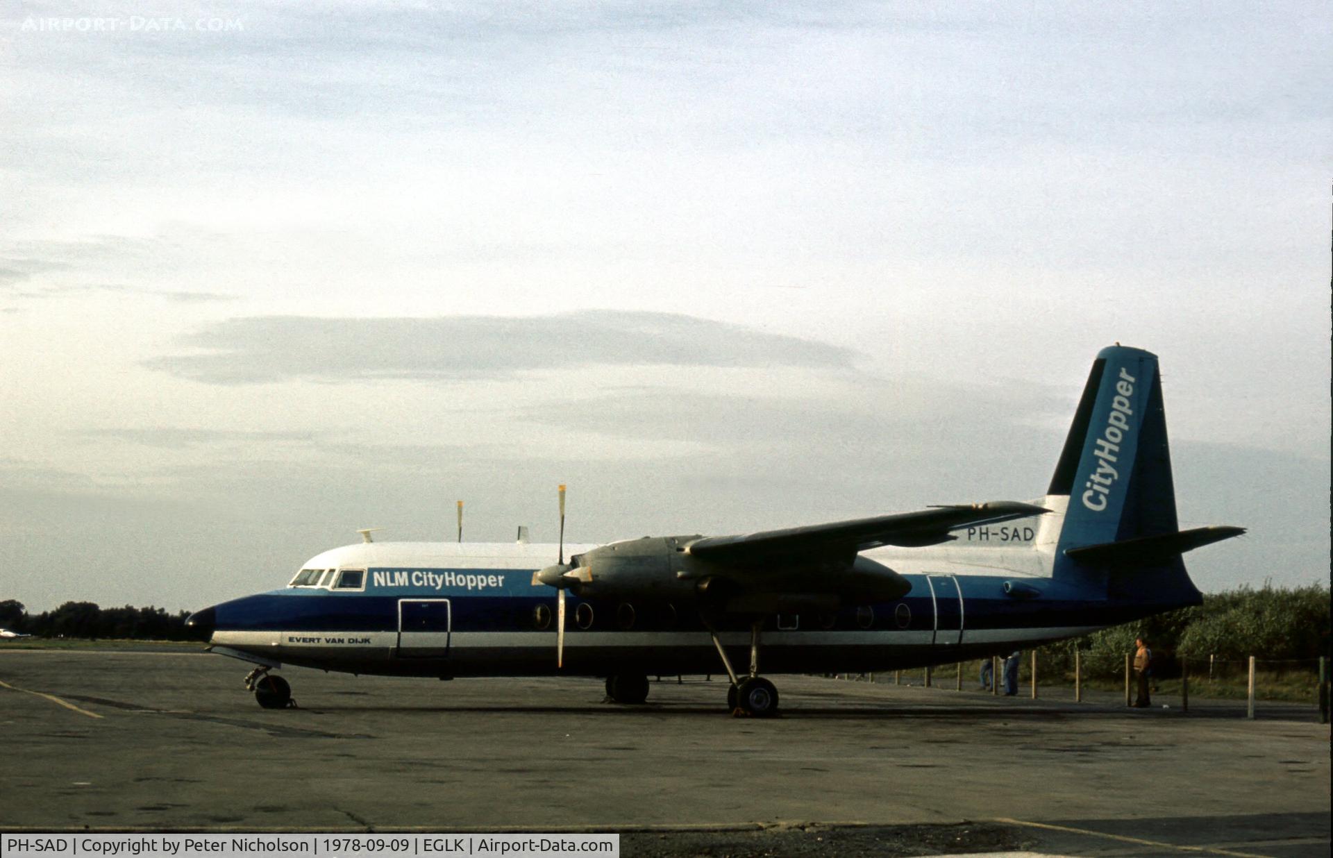 PH-SAD, 1965 Fokker F-27 Friendship 200 C/N 10272, Friendship 200 of NLM City Hopper subsidiary of KLM Royal Dutch Airlines seen at Blackbushe in September 1978.