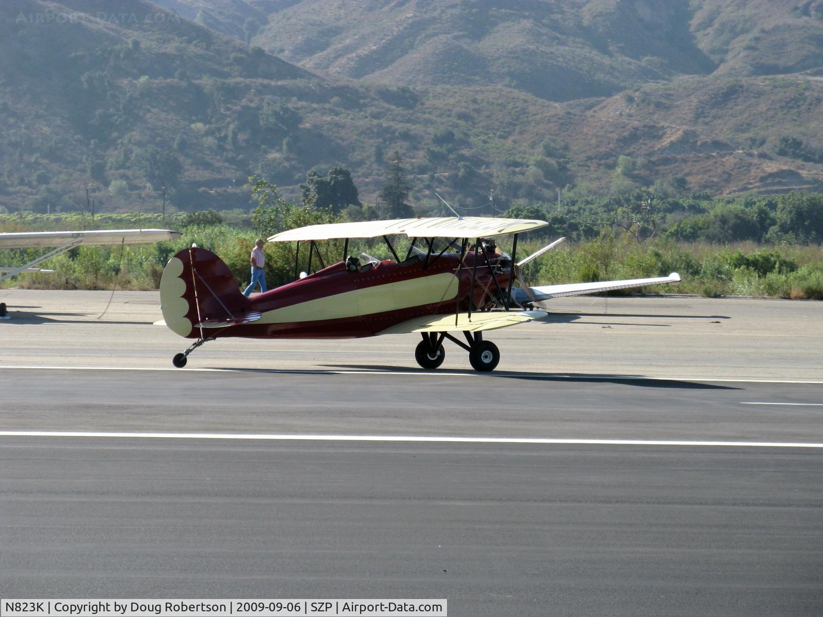 N823K, 1993 Great Lakes 2T-1A Sport Trainer C/N 1020, 1993 Ball GREAT LAKES 2T-1AK as NX823K, Kinner R 56, 160 Hp modified for fuel injection, landing roll Rwy 22 & taxi off.
