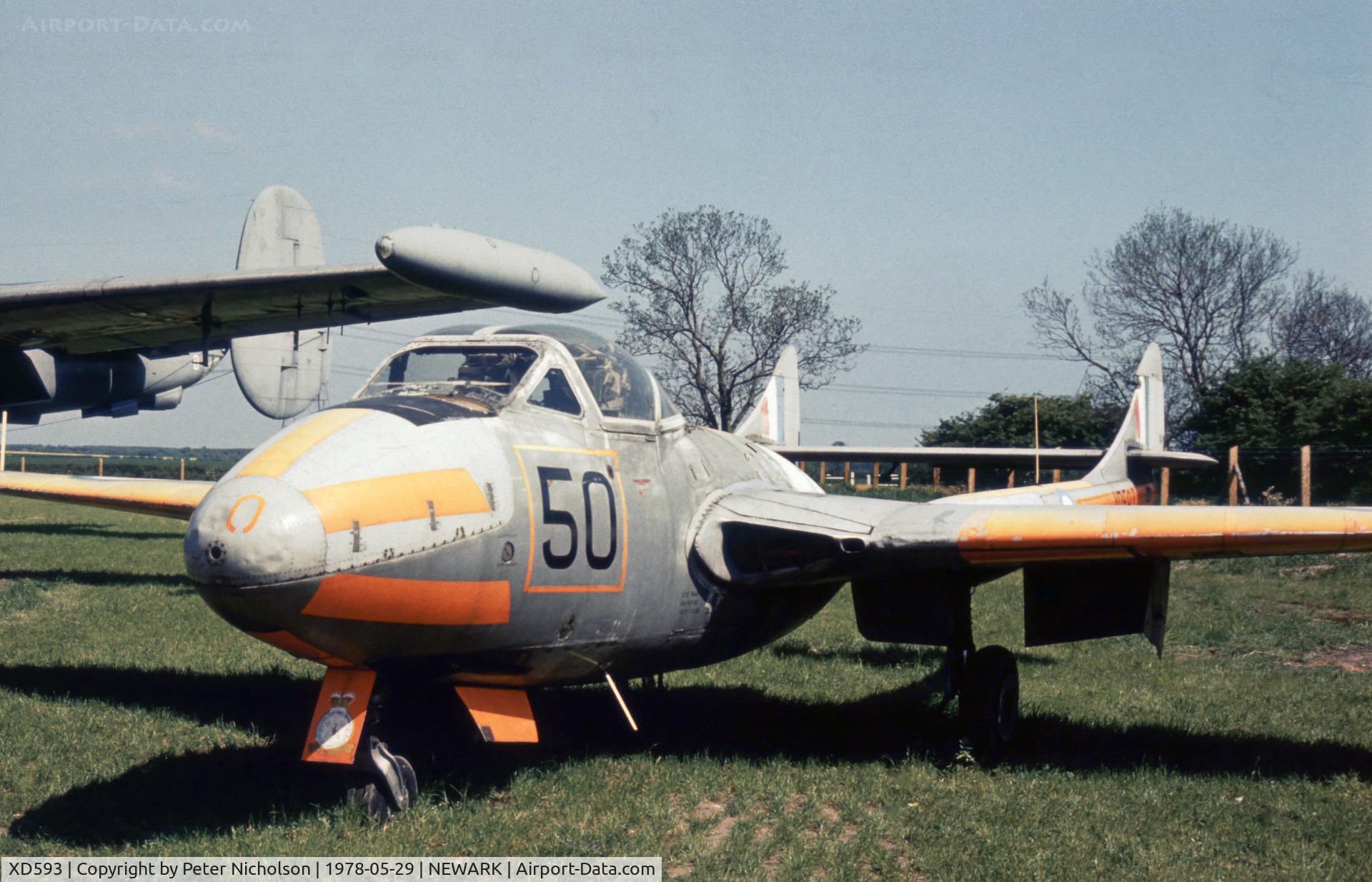 XD593, De Havilland DH-115 Vampire T.11 C/N 15538, This Vampire T.11 of 8 Flying Training School arrived at the Newark Air Museum on March 30, 1973.