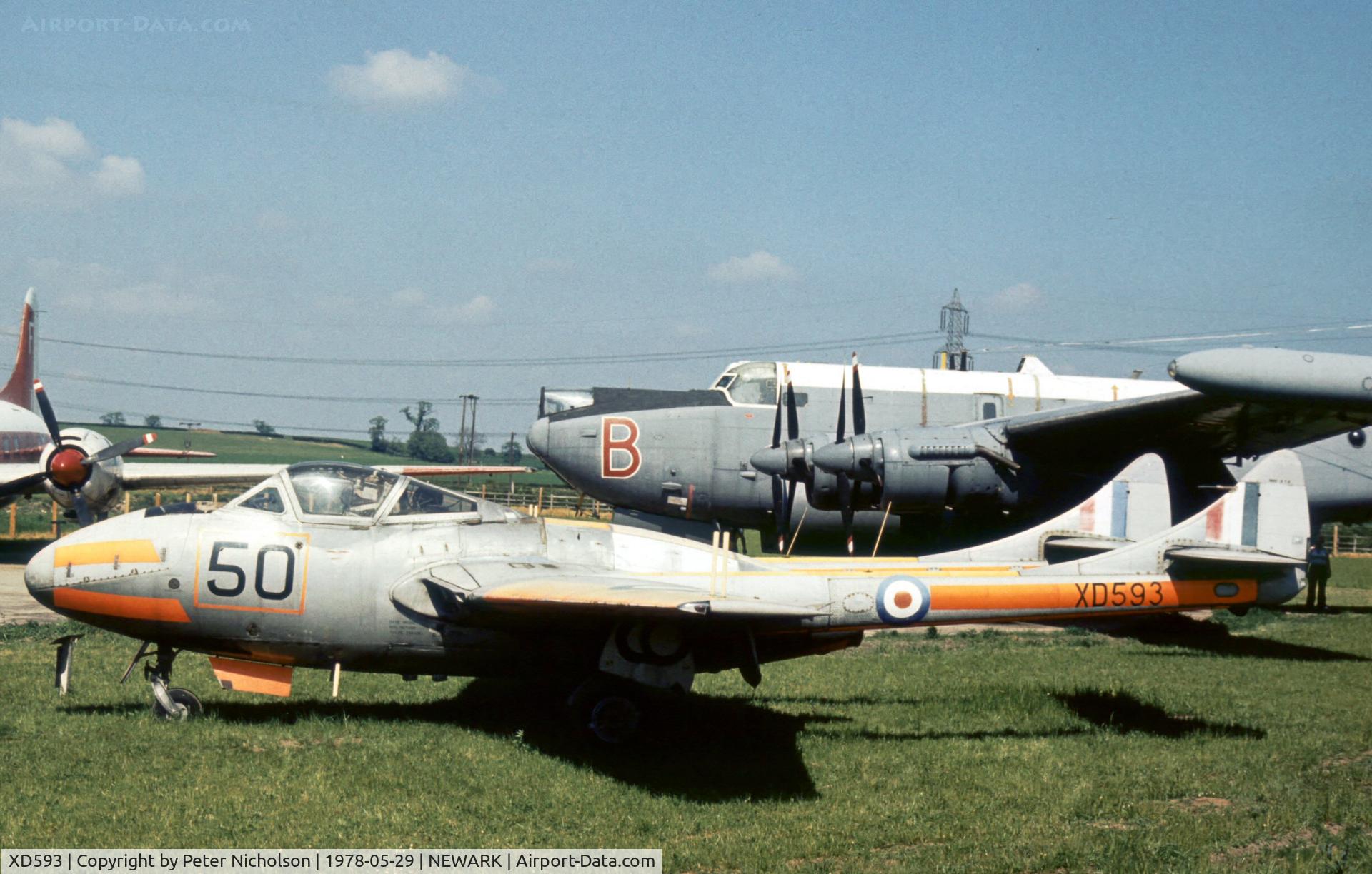 XD593, De Havilland DH-115 Vampire T.11 C/N 15538, Vampire T.11 of the Newark Air Museum as displayed in May 1978.