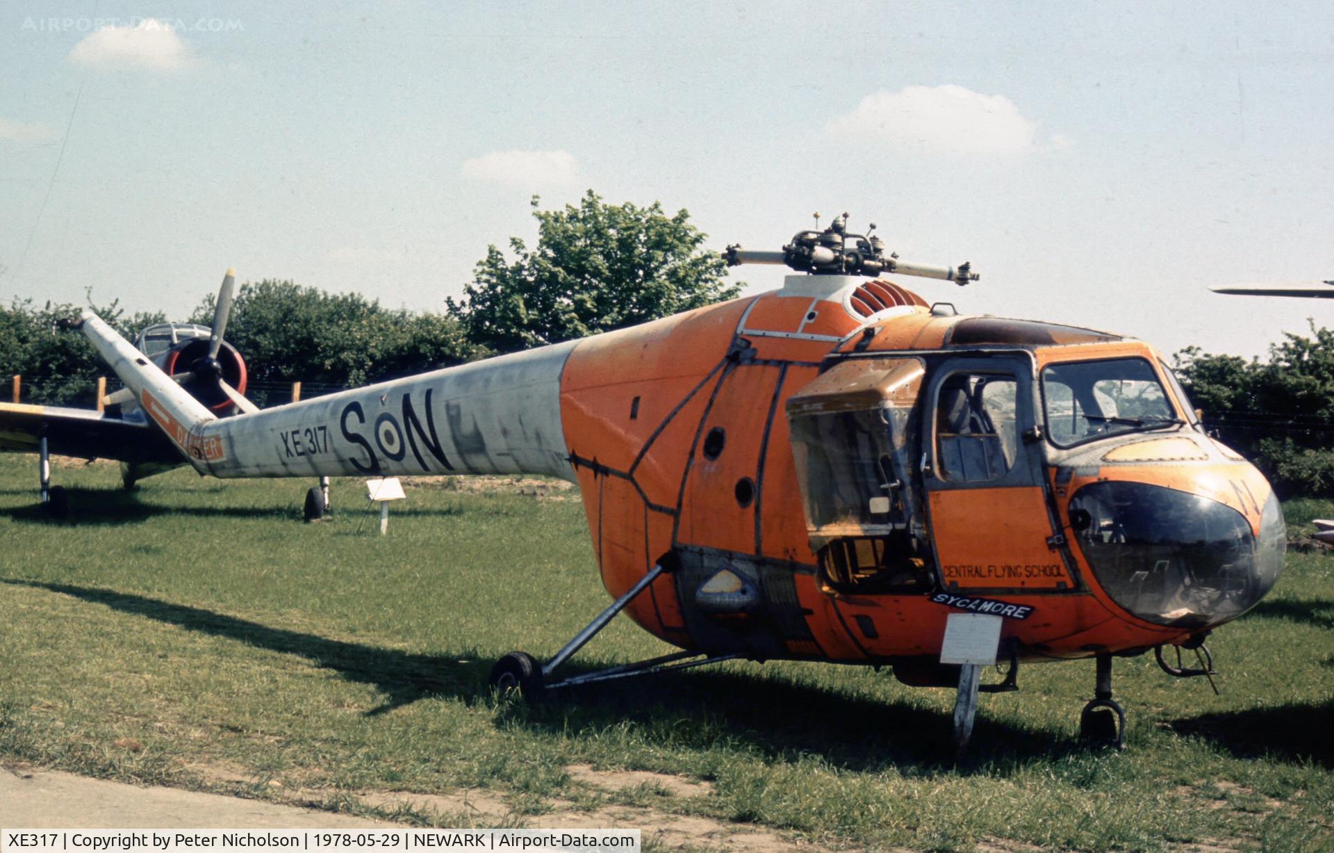 XE317, Bristol 171 Sycamore HR.14 C/N 13198, This Central Flying School Sycamore HR.14 was displayed at the Newark Air Museum in May 1978.