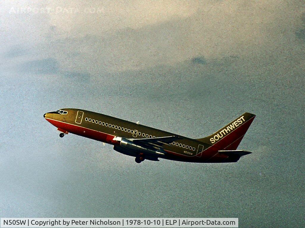 N50SW, 1977 Boeing 737-2H4 C/N 21447, Boeing 737 of Southwest Airlines climbing out ot El Paso in October 1978.