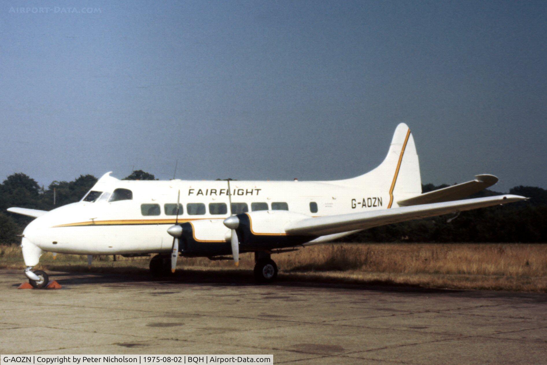 G-AOZN, 1952 De Havilland DH.114 Heron 1B C/N 14005, Heron 1B of Fairflight Charters at Biggin Hill in the Summer of 1975.