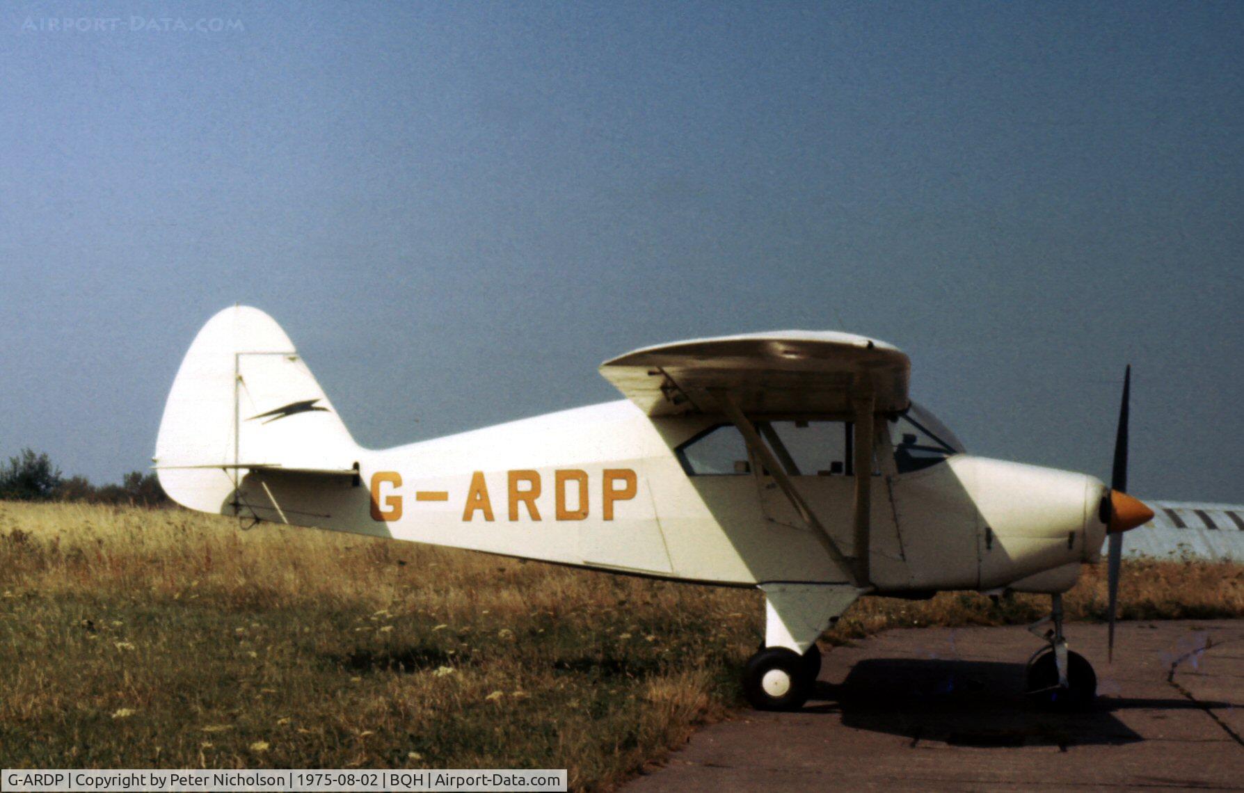 G-ARDP, Piper PA-22-150 Caribbean C/N 22-4254, This Piper Tri-Pacer was seen at Biggin Hill in the Summer of 1975.