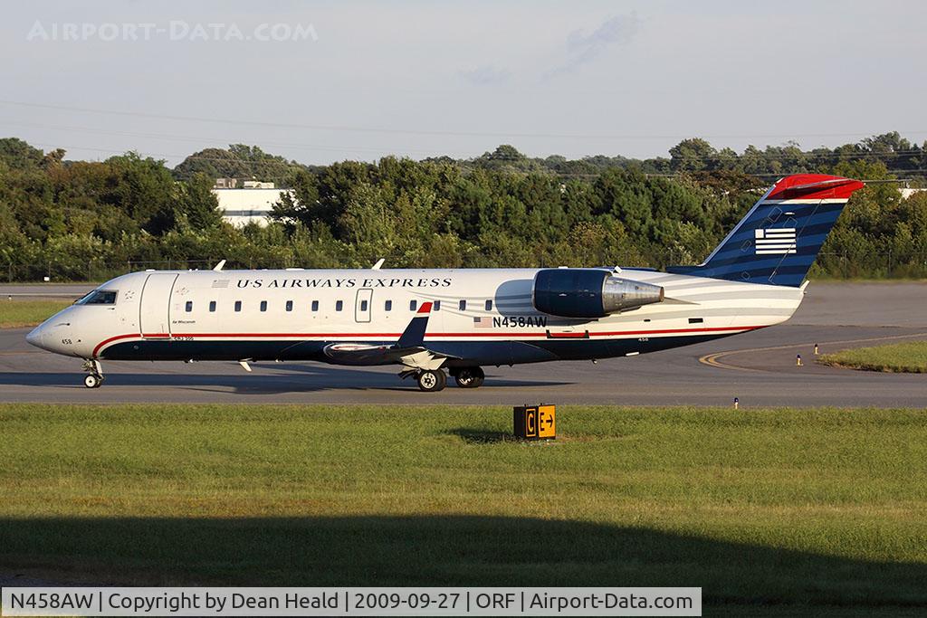 N458AW, 2003 Bombardier CRJ-200LR (CL-600-2B19) C/N 7861, US Airways Express (Air Wisconsin) N458AW (FLT AWI3673) taxiing to RWY 23 for departure to Charlotte/Douglas Int'l (KCLT).