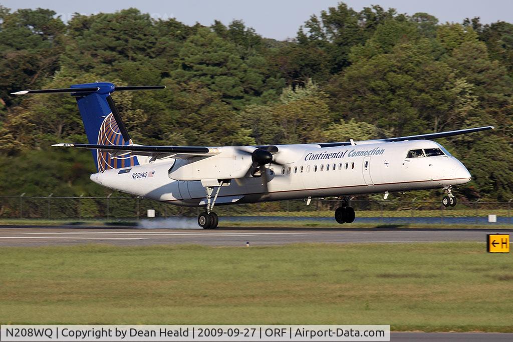 N208WQ, 2008 Bombardier DHC-8-402 Dash 8 C/N 4208, Continental Connection (Colgan Air) N208WQ (FLT CJC3224) from Newark Liberty Int'l (KEWR) landing on RWY 23 with a moderate crosswind, thus touching down right main first.