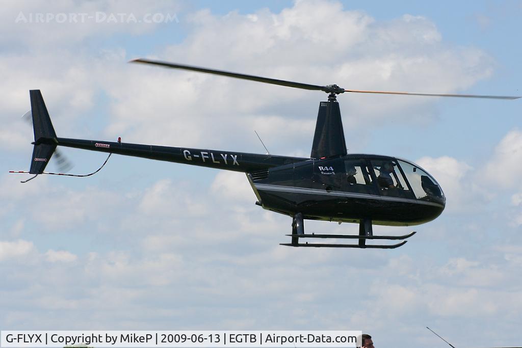 G-FLYX, 2007 Robinson R44 Raven II C/N 11669, Arriving at Booker.