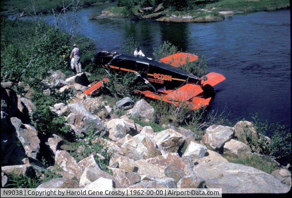 N9038, 1928 Curtiss-Wright Travel Air 6-B C/N 839, My dad, Harold Gene Crosby was the pilot this day, flying for Johnson Aviation out of McCall. The engine failed after some repair work. He got it down OK on the road next to the Payette river near McCall, Idaho. The road was freshly graded, and had some b