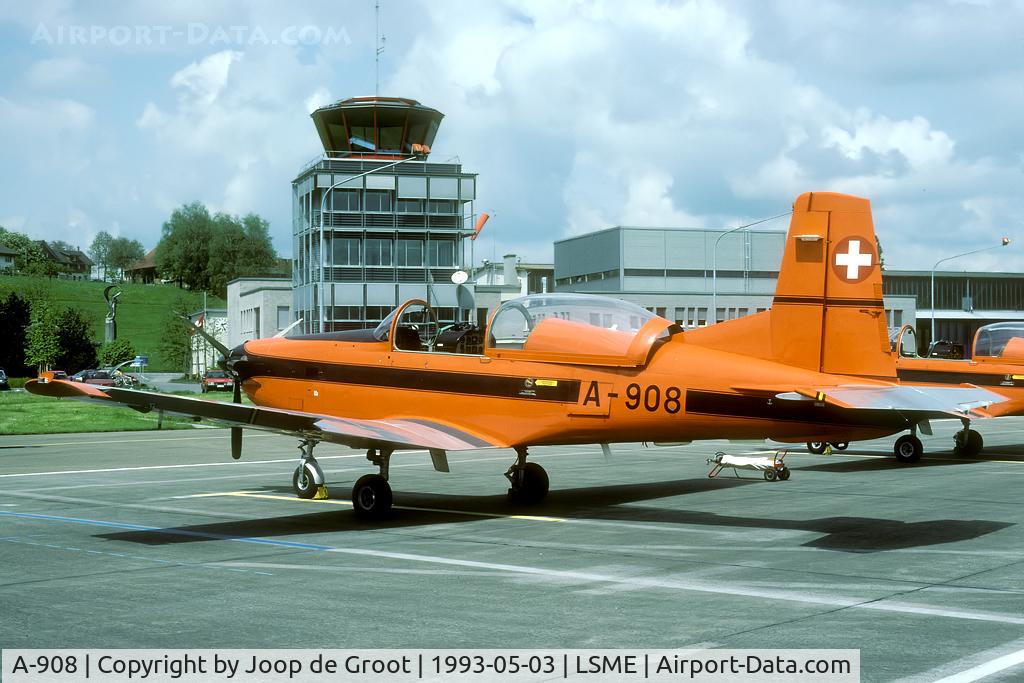 A-908, 1982 Pilatus PC-7 Turbo Trainer C/N 316, Seen during a base visit to Emmen. The flightlines were packed with aircraft than.