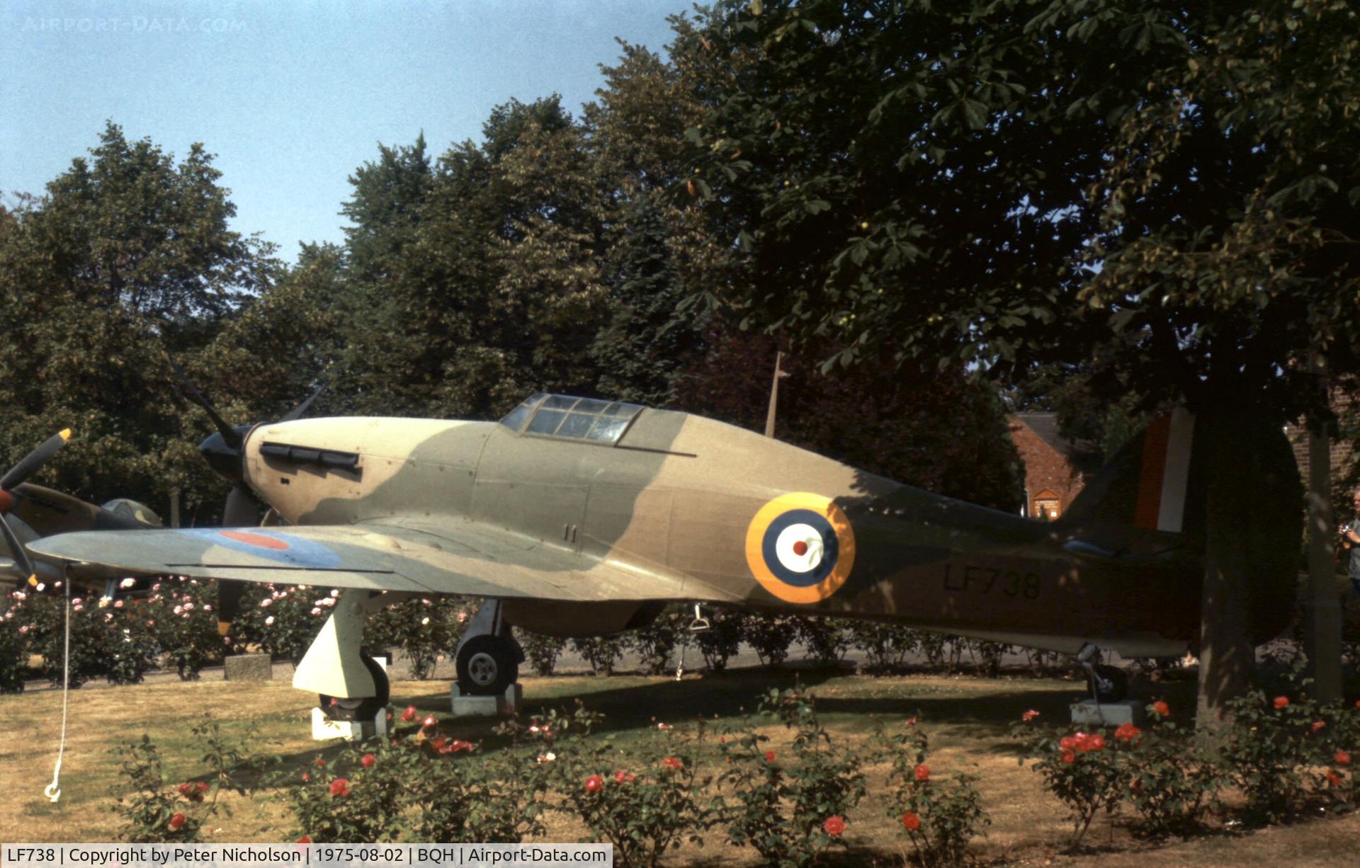 LF738, 1944 Hawker Hurricane IIC C/N Not found LF738, Now exhibited in the RAF Museum, this Hurricane IIC was a gate guardian at the Battle of Britain Memorial Chapel at Biggin Hill as seen in the Summer of 1975.