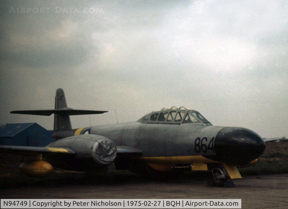 N94749, 1951 Gloster Meteor NF.11 C/N Not found N94749, Seen at Biggin Hill in February 1975 awaiting transfer to the United States was this Meteor TT.20 version of the Meteor NF.11. It had previously been in service with 728 Squadron.