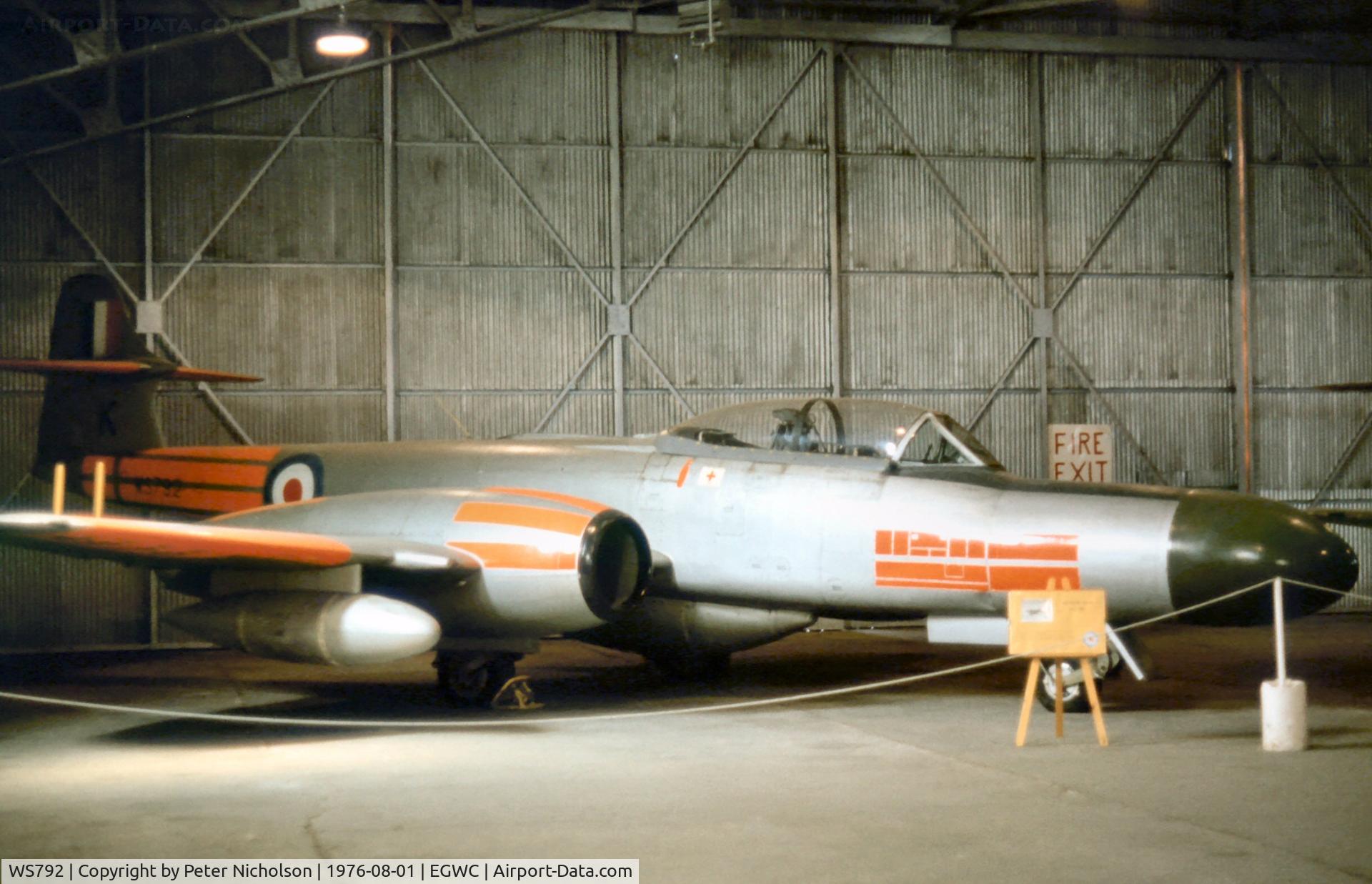 WS792, 1954 Gloster Meteor NF(T).14 C/N Not found WS792, This Meteor NF(T).14, in 1 Air Navigation School markings, was seen at Cosford in the Summer of 1976.