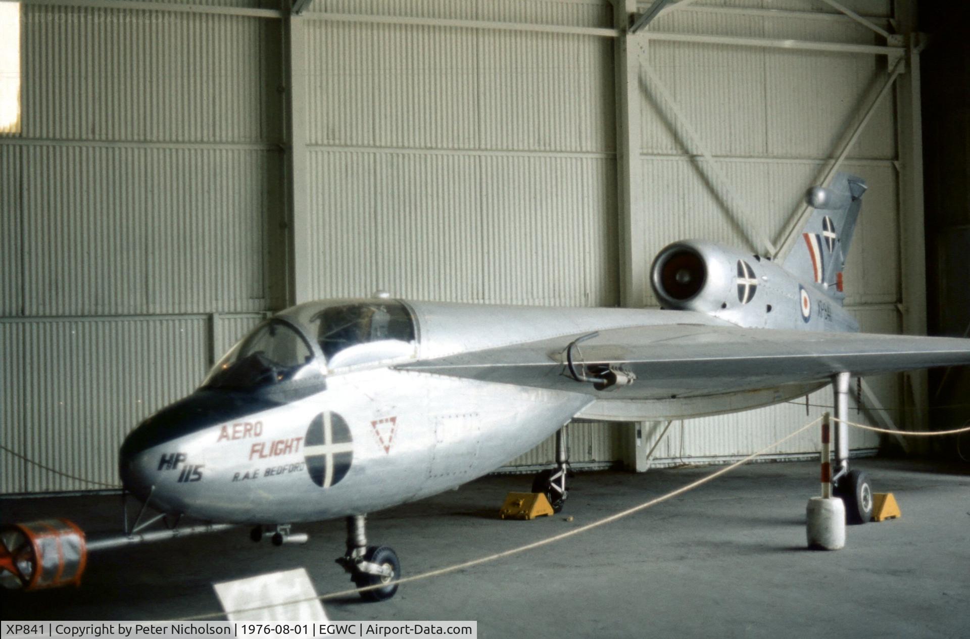 XP841, 1961 Handley Page HP.115 C/N H1-1, The sole HP.115 low-speed research aircraft used by the Royal Aircraft Establishment at Bedford was displayed at Cosford in the Summer of 1976.