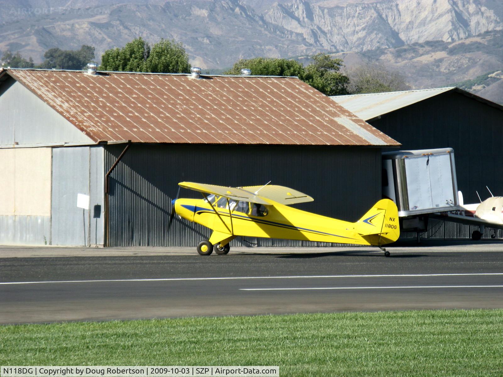 N118DG, 2008 Piper PA-18 Replica C/N 001, 2008 Ganzer XPA!8, Micro vortex generators, Continental O-200 100 Hp, Experimental class, taxi off Rwy 22
