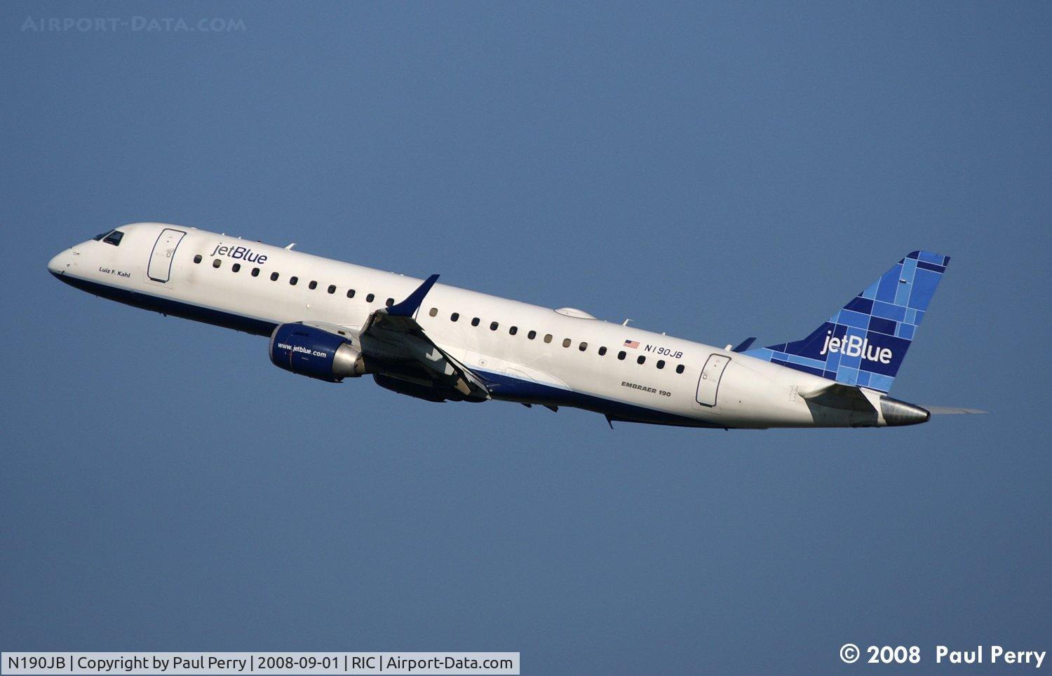 N190JB, 2005 Embraer 190AR (ERJ-190-100IGW) C/N 19000011, Busy girl: Shot her early in the morning arriving at IAD, now in the late afternoon of the same day,departing RIC.