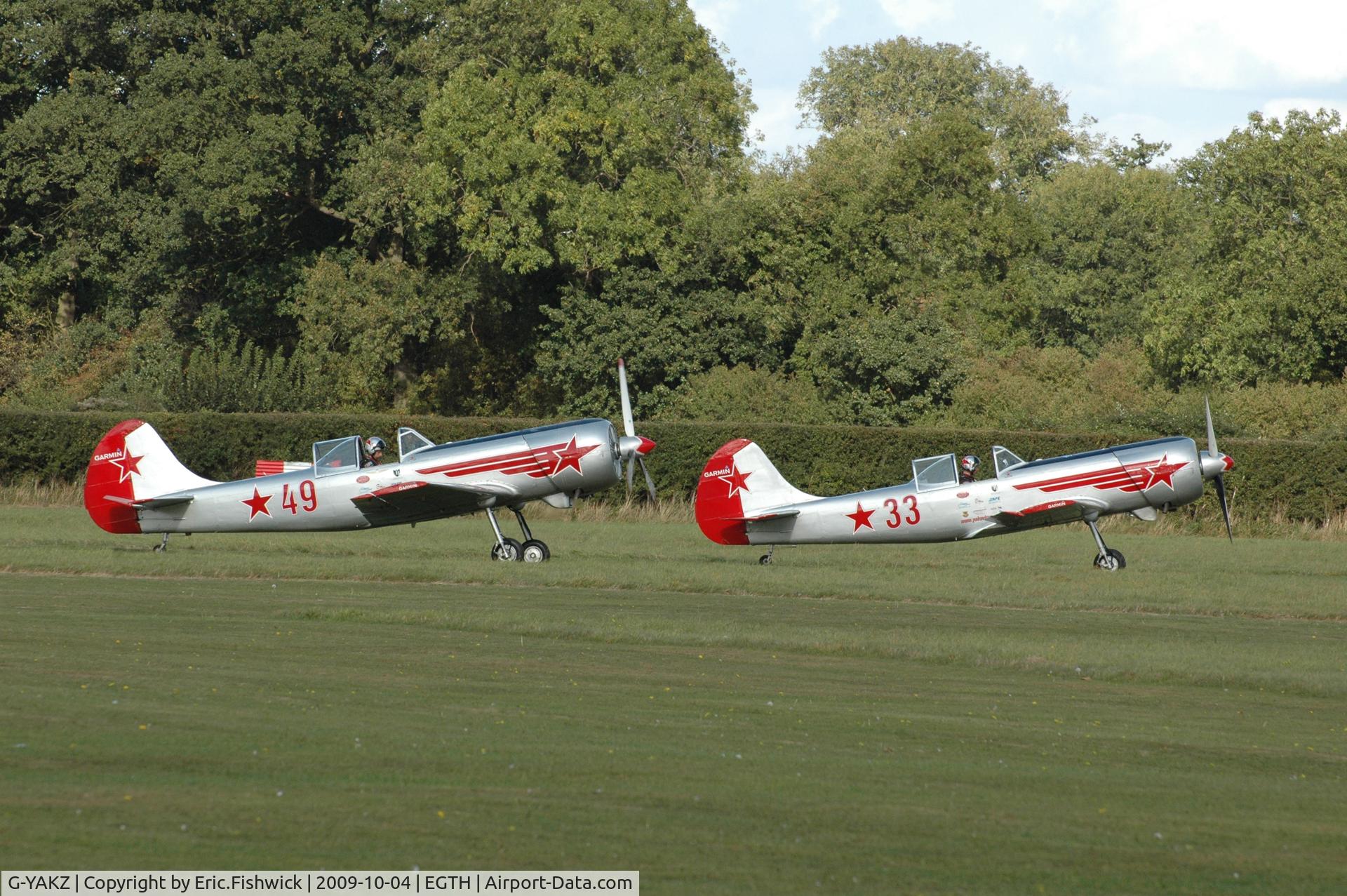 G-YAKZ, 1985 Yakovlev Yak-50 C/N 853206, G-YAKZ with G-YAKU at Shuttleworth Autumn Air Display Oct. 09
