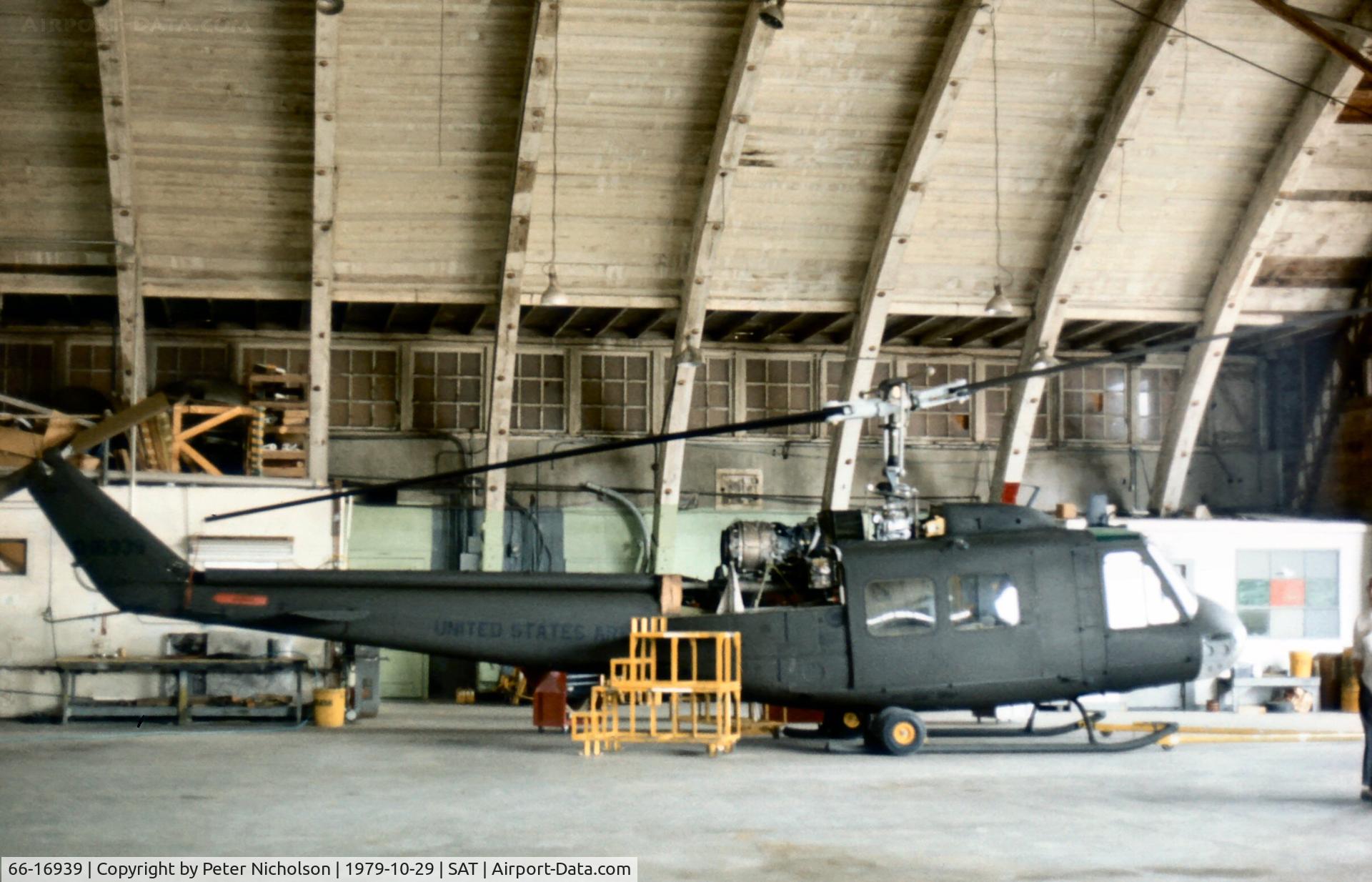 66-16939, 1966 Bell UH-1D Iroquois (205) C/N 9133, UH-1D Iroquois undergoing maintainance at San Antonio in October 1979.