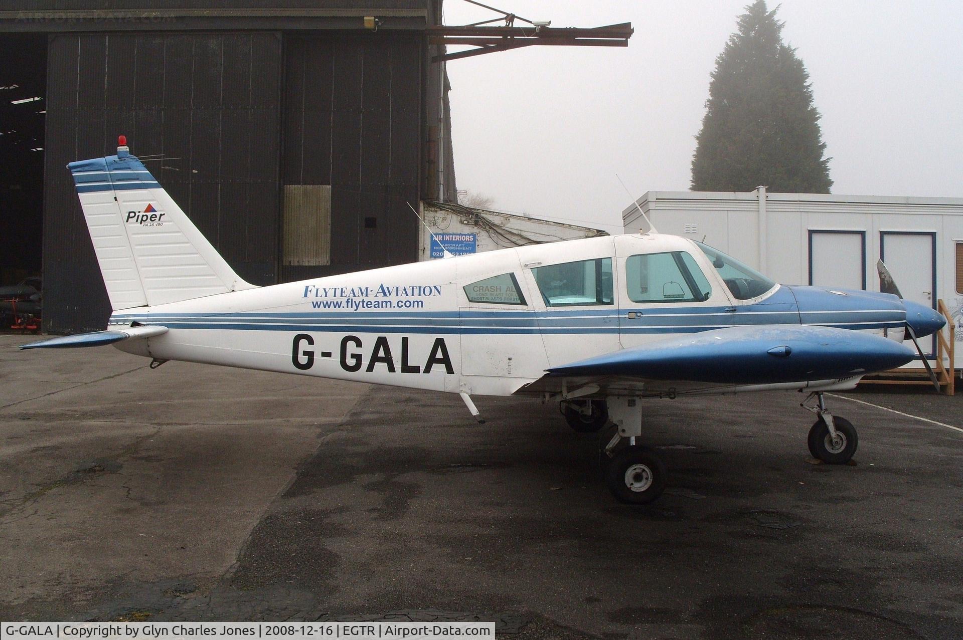 G-GALA, 1970 Piper PA-28-180 Cherokee E C/N 28-5794, Taken on a quiet cold and foggy day. With thanks to Elstree control tower who granted me authority to take photographs on the aerodrome. Previously G-AYAP. Operated by Flyteam Aviation.