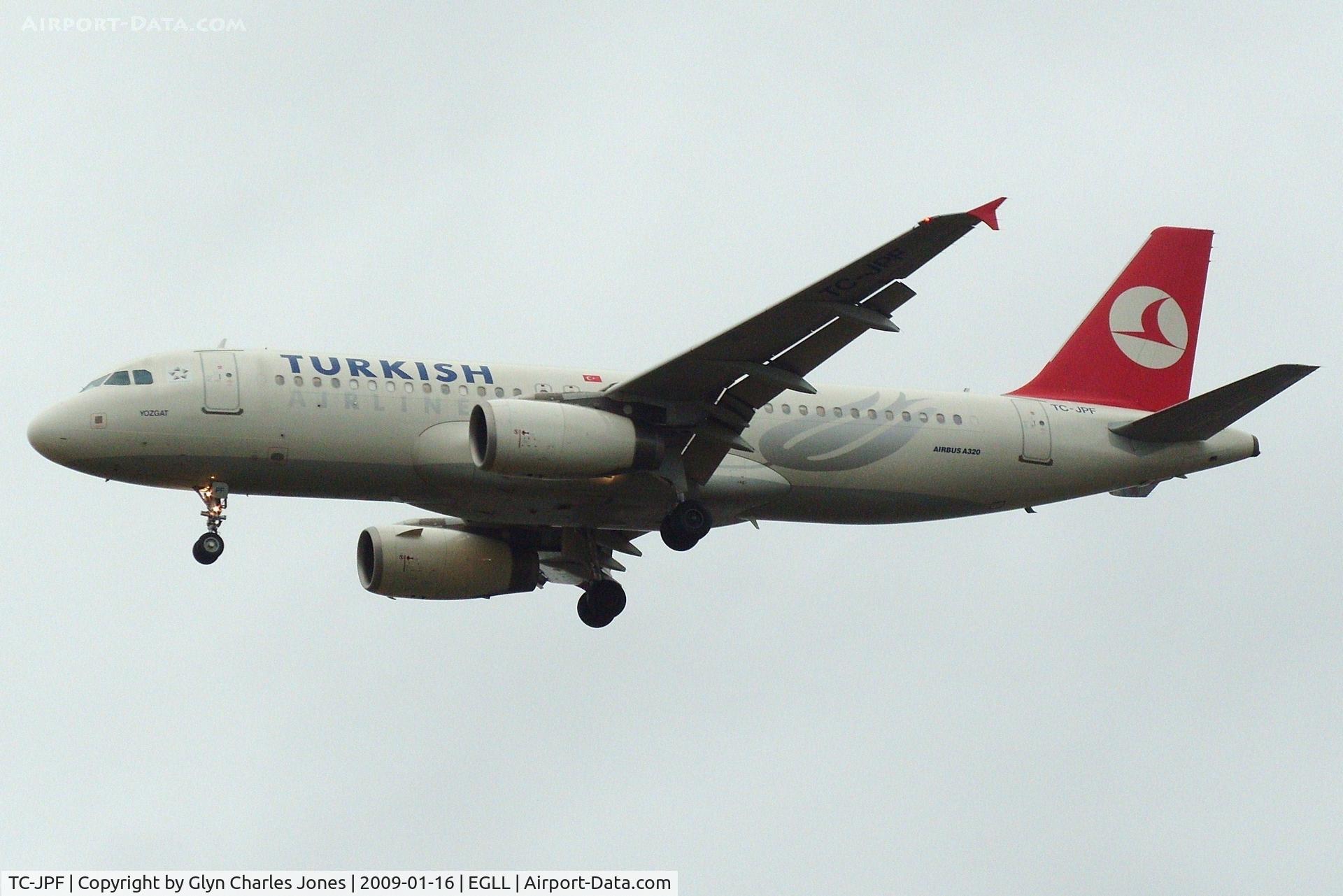 TC-JPF, 2006 Airbus A320-232 C/N 2984, 'Yozgat' on finals to runway 27L. Test registration was F-WWIE. Turkish Airlines A320s are not common at London-Heathrow.
