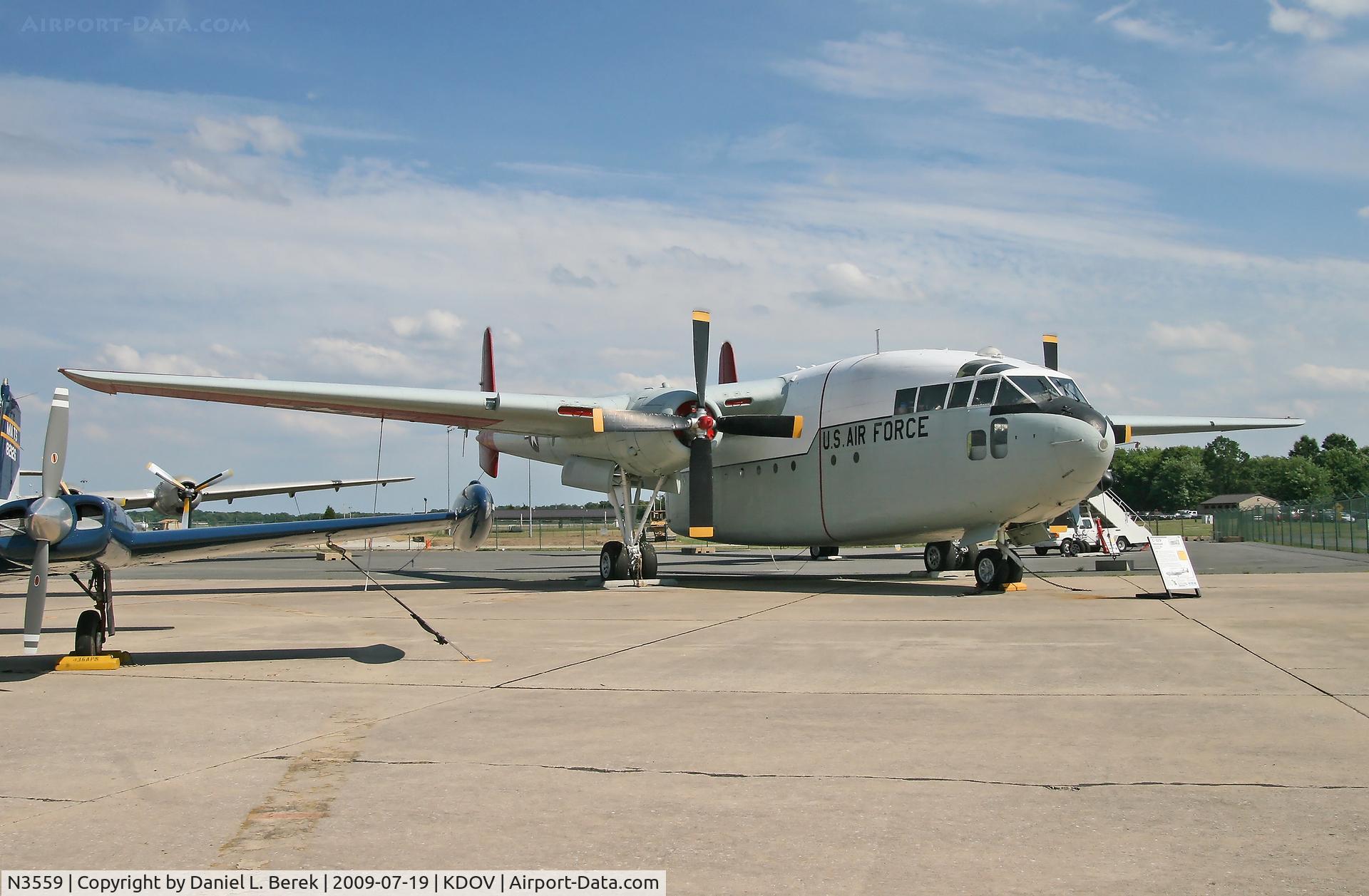 N3559, 1953 Fairchild C-119G Flying Boxcar C/N 10870, Although painted in USAF markings, this aircraft was formerly 22118 of the Royal Canadian Air Force.  She is currently preserved at the Air Mobility Command Museum, Dover, DE.