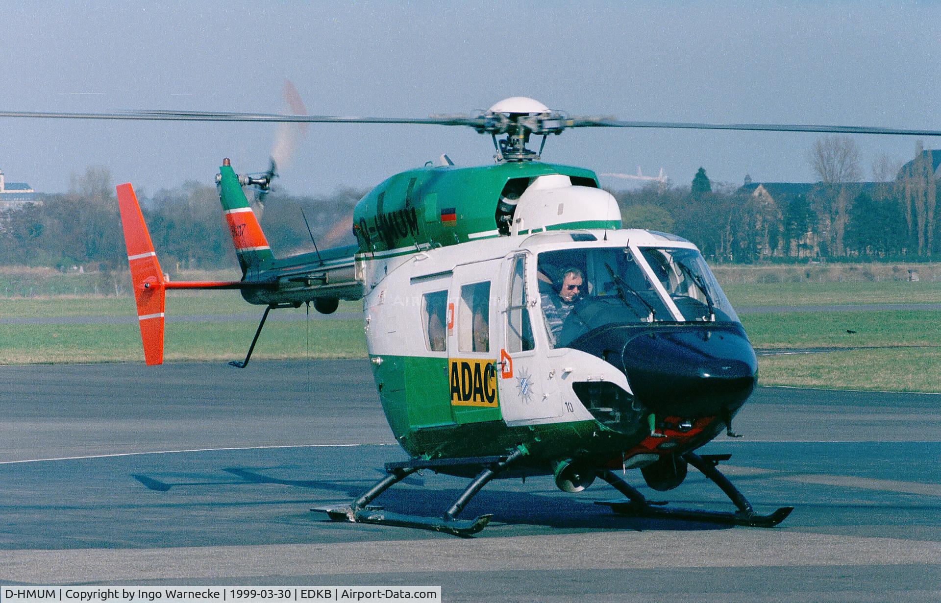 D-HMUM, 1986 MBB-Kawasaki BK-117B-2 C/N 7080, MBB-Kawasaki BK-117B-2 of ADAC Luftrettung (EMS) - ex Bavarian Police, hence the colours - at Bonn-Hangelar airfield