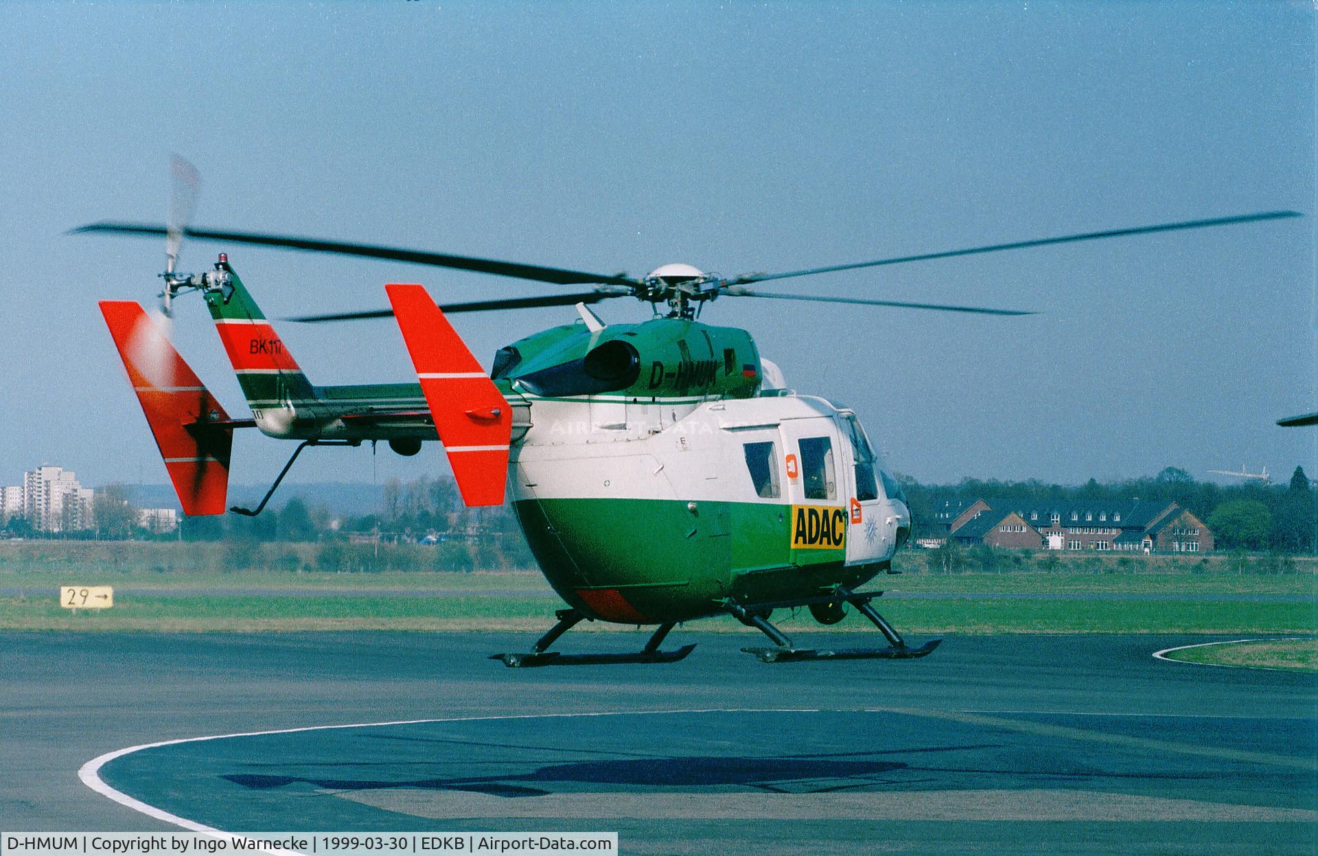 D-HMUM, 1986 MBB-Kawasaki BK-117B-2 C/N 7080, MBB-Kawasaki BK-117B-2 of ADAC Luftrettung (EMS) - ex Bavarian Police, hence the colours - at Bonn-Hangelar airfield