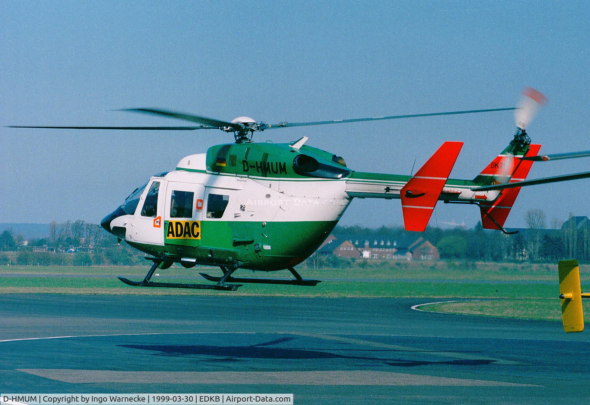 D-HMUM, 1986 MBB-Kawasaki BK-117B-2 C/N 7080, MBB-Kawasaki BK-117B-2 of ADAC Luftrettung (EMS) - ex Bavarian Police, hence the colours - at Bonn-Hangelar airfield