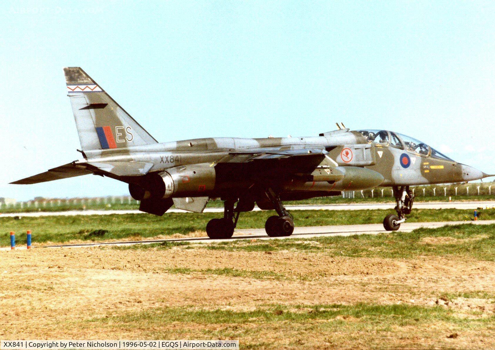 XX841, 1975 Sepecat Jaguar T.2A C/N B.29, Jaguar T.2A of 6 Squadron taxying to Runway 05 at Lossiemouth in May 1996.