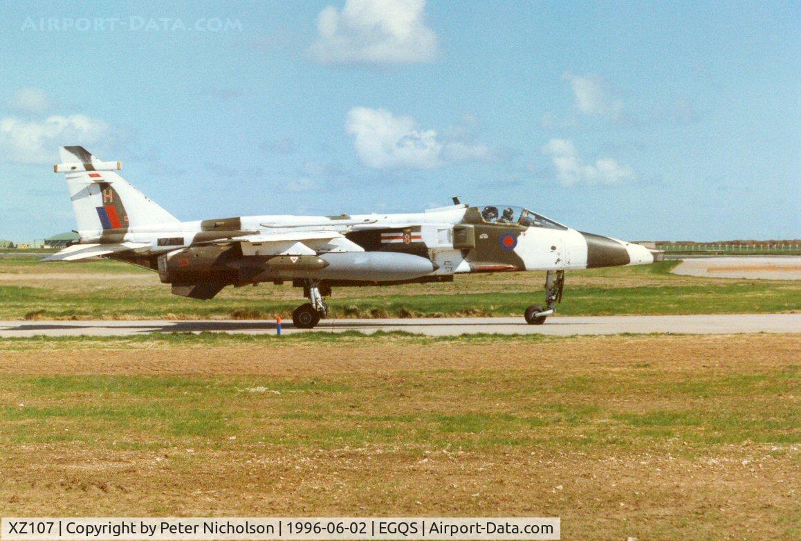 XZ107, 1976 Sepecat Jaguar GR.1A C/N S.108, Jaguar GR.1A, callsign Boxer 2, of 41 Squadron still in Norway camouflage colours seen at Lossiemouth in May 1996.