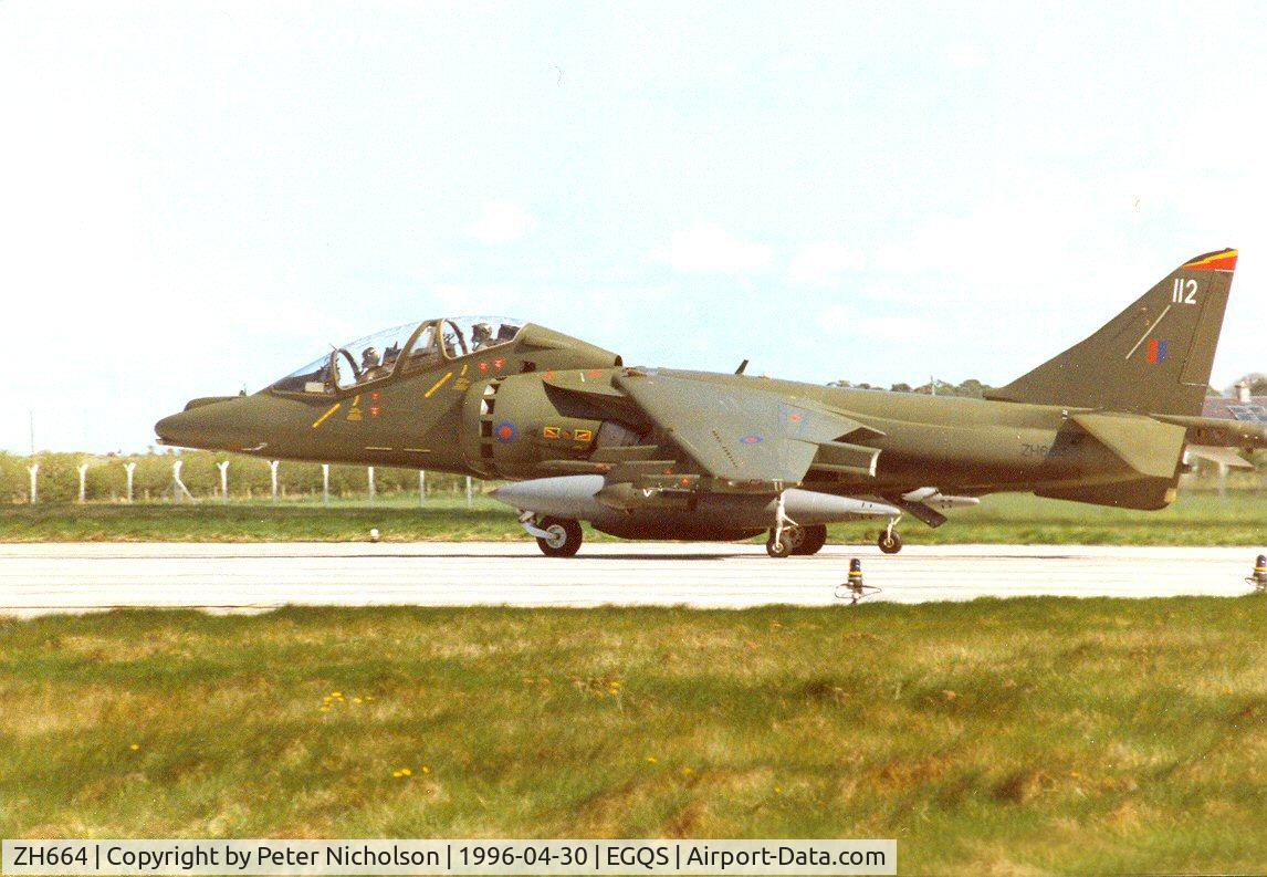 ZH664, 1995 British Aerospace Harrier T.10 C/N TX012, Harrier T.10 of 4 Squadron preparing for take-off on Runway 05 at Lossiemouth in April 1996.